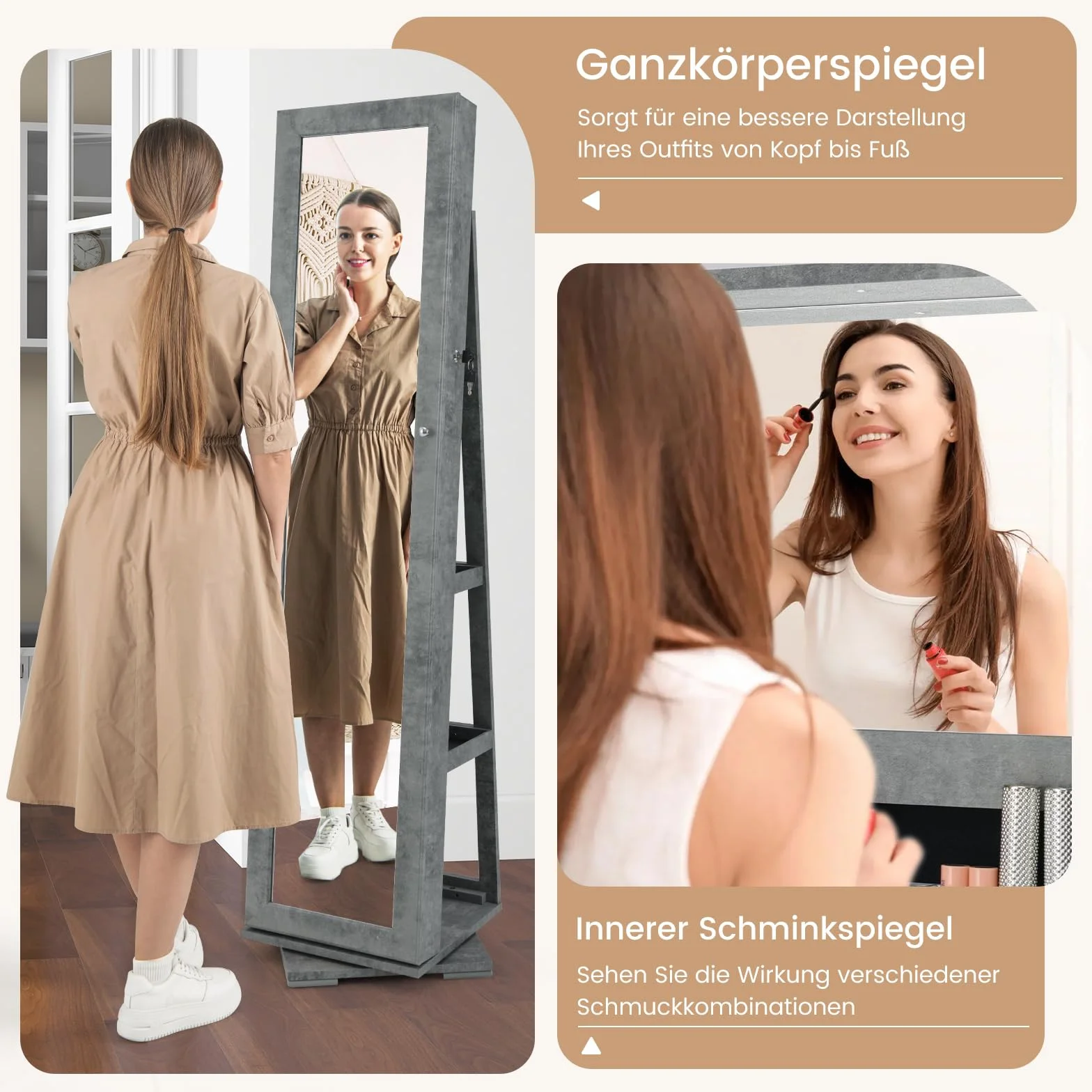 COSTWAY 360° obrotowa szafka na biżuterię z pełnowymiarowym lustrem, szafka z lusterkiem i miejscem na biżuterię oraz 2 półkami, zamykana szafka na biżuterię z kluczami (39 x 39 x 161 cm, kolor