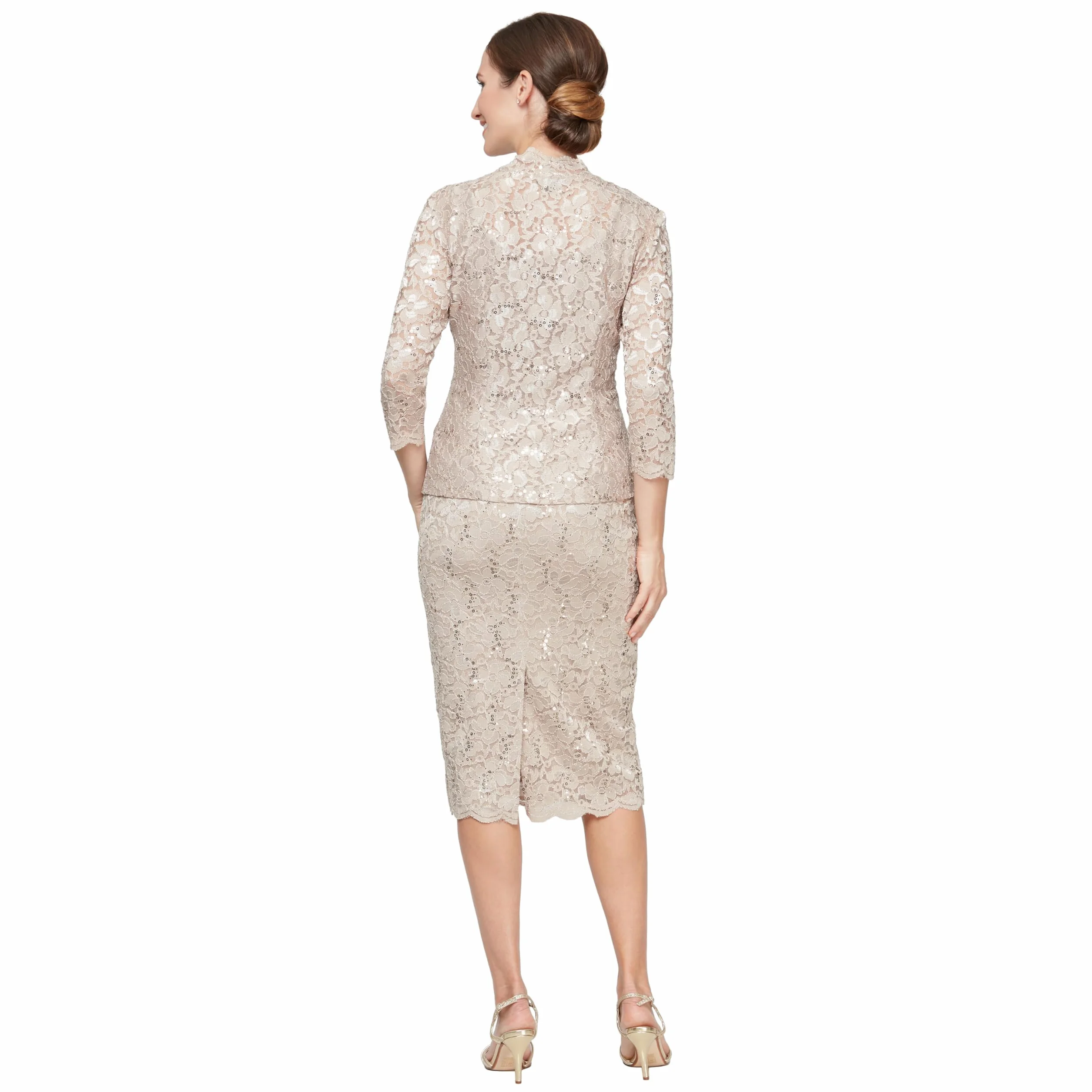 S.L. Fashions Women's Tea Length Sequin Lace Special Occasion Dress with Illusion Sleeve Jacket (Petite and Regular Sizes), Champagne, 14