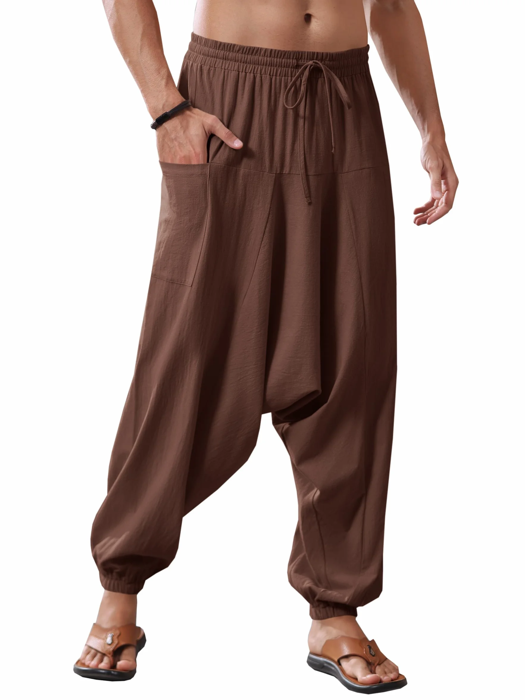 Runcati Męskie bawełniane spodnie haremki, baggy, hippie, casualowe, lniane, do jogi, na plażę, z głębokim krokiem