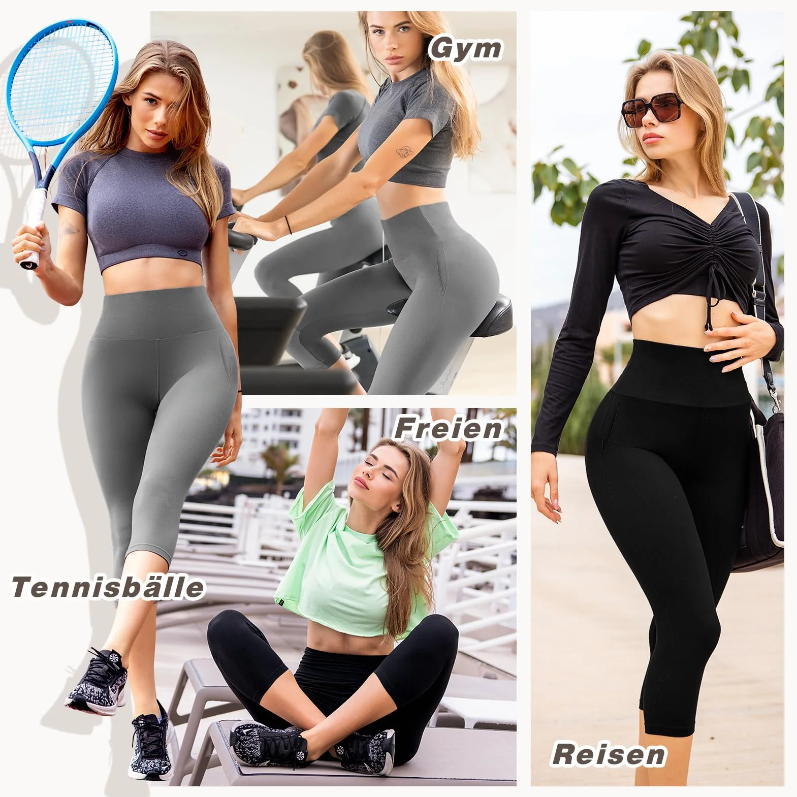 Capri legginsy damskie z kieszeniami, 3/4 sportowe legginsy damskie z wysokim stanem, do jogi, fitnessu, jazdy na rowerze