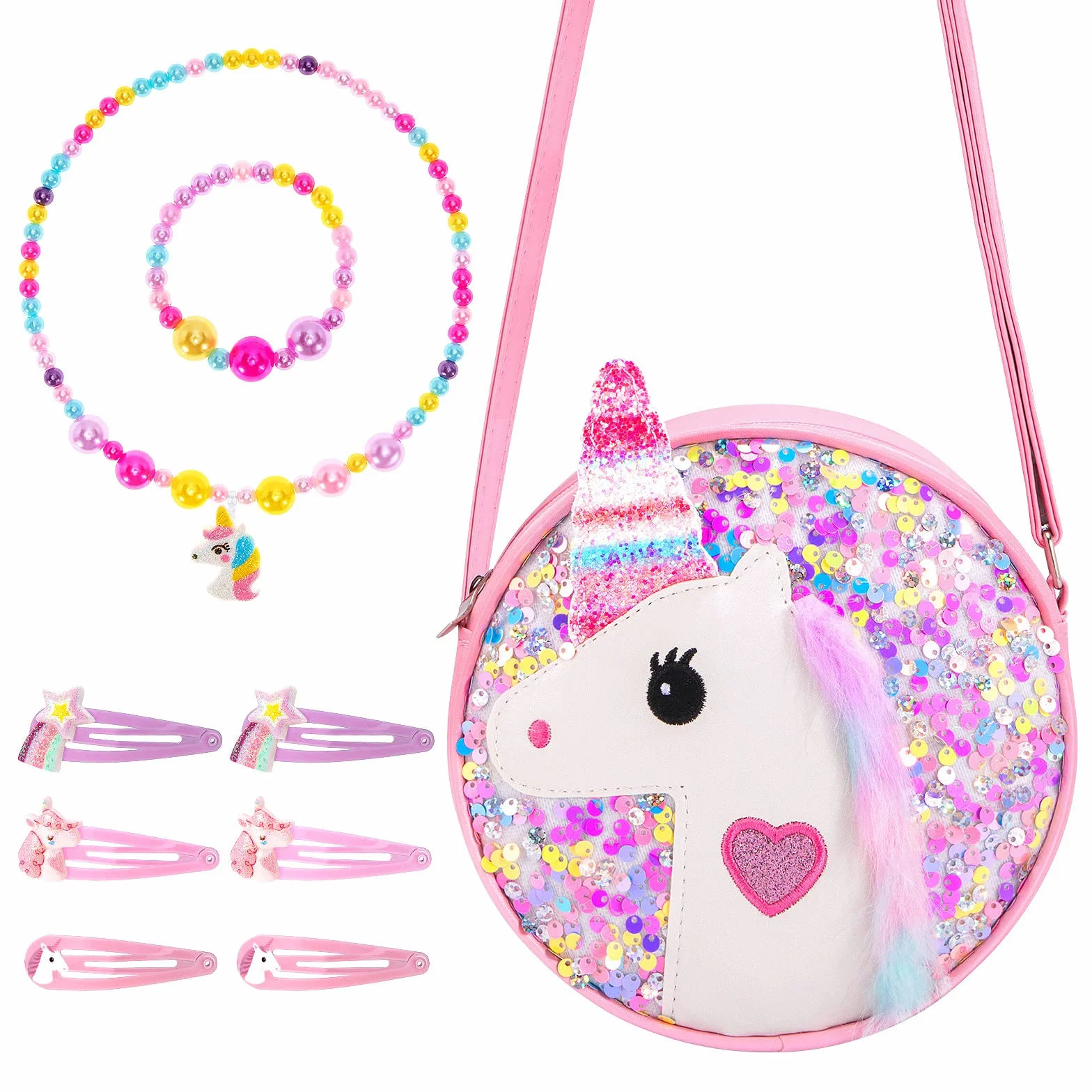 HIFOT Jednorożec torebka crossbody z zestawem biżuterii, mała dziewczynka, brokatowa torebka, naszyjnik, bransoletka, spinki do włosów, zestaw akcesoriów, biżuteria, upominki, prezent