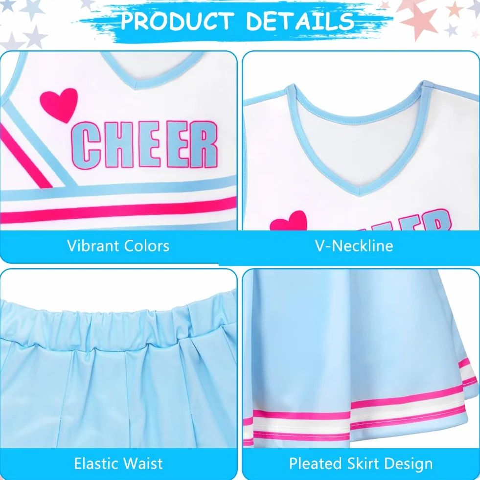 DiULi Kostium cheerleaderki dla dziewczynki, kostium cheerleaderki, klasyczny strój cheerleaderki, 5-częściowy zestaw z pomponami, bluzką, spódnicą, skarpetkami i opaską na głowę, do fantazyjnego