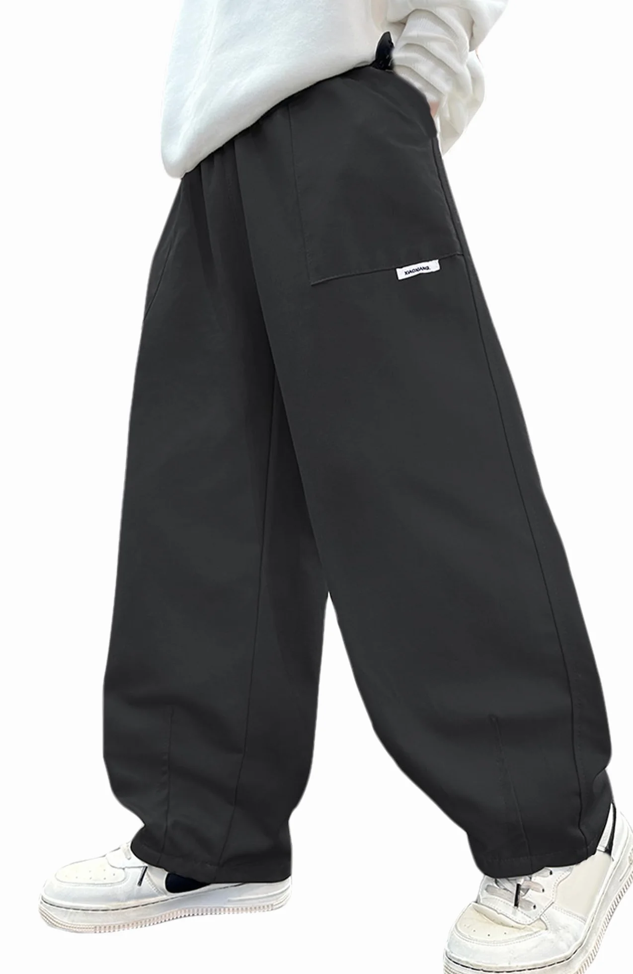 Panegy Chłopięce spodnie cargo dla dzieci, wysoka elastyczna talia, bawełniane, luźne spodnie do szkoły, joggery z kieszeniami, Y2K Streetwear