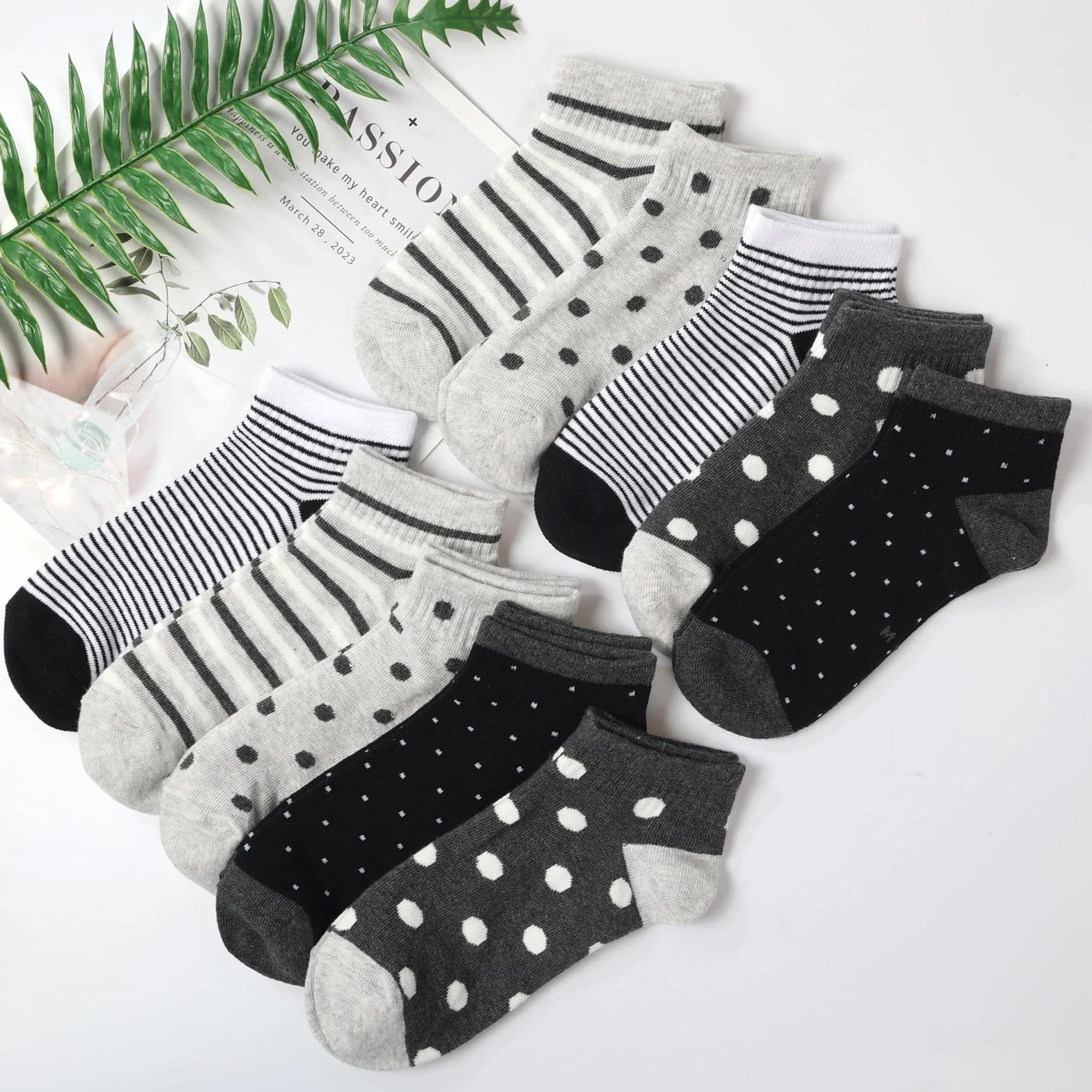 Damskie skarpeta do sneakersów 35-38 39-42, 10 par bawełnianych krótkich skarpet dziewczęcych, wielokolorowe skarpety z kropkami w paski, czarny zestaw