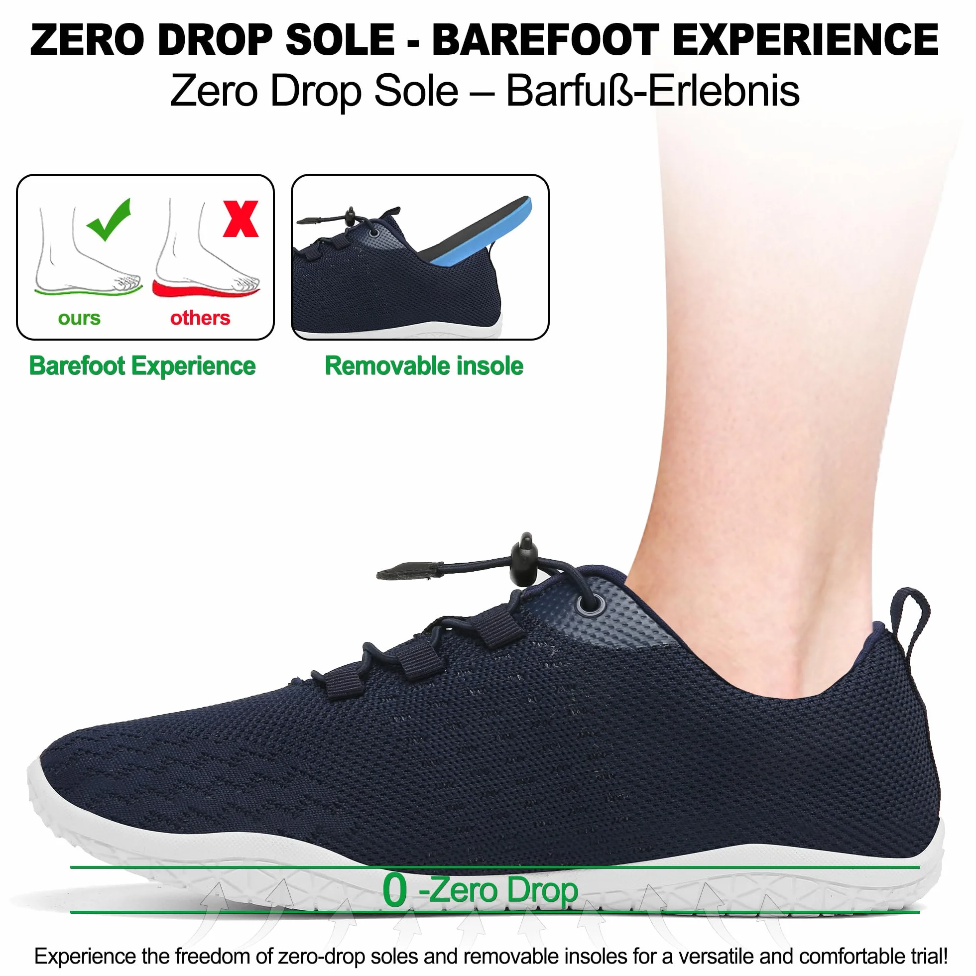 Geweo Buty Barefoot Mężczyźni Kobiety Lato Barefoot Shoes Szeroką Skrzynką na Palce Lato Oddychające Buty do Biegania Buty do Treningu Lekkie Wygodne Buty Fitness Sneaker Unisex Ciemnoniebieski 43EU