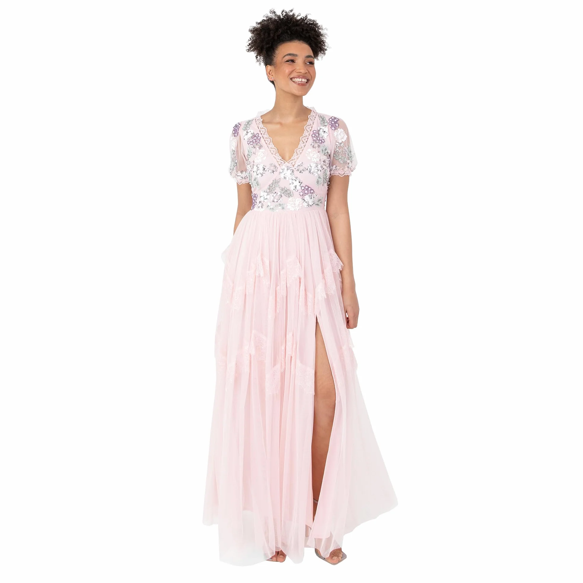 Maya Deluxe Damska sukienka maxi z krótkim rękawem z dekoltem w serek, wybijana koronka, tiulowa, rozcięta, linia A, dla panny młodej, różowa, 40, Crystal Pink, 40