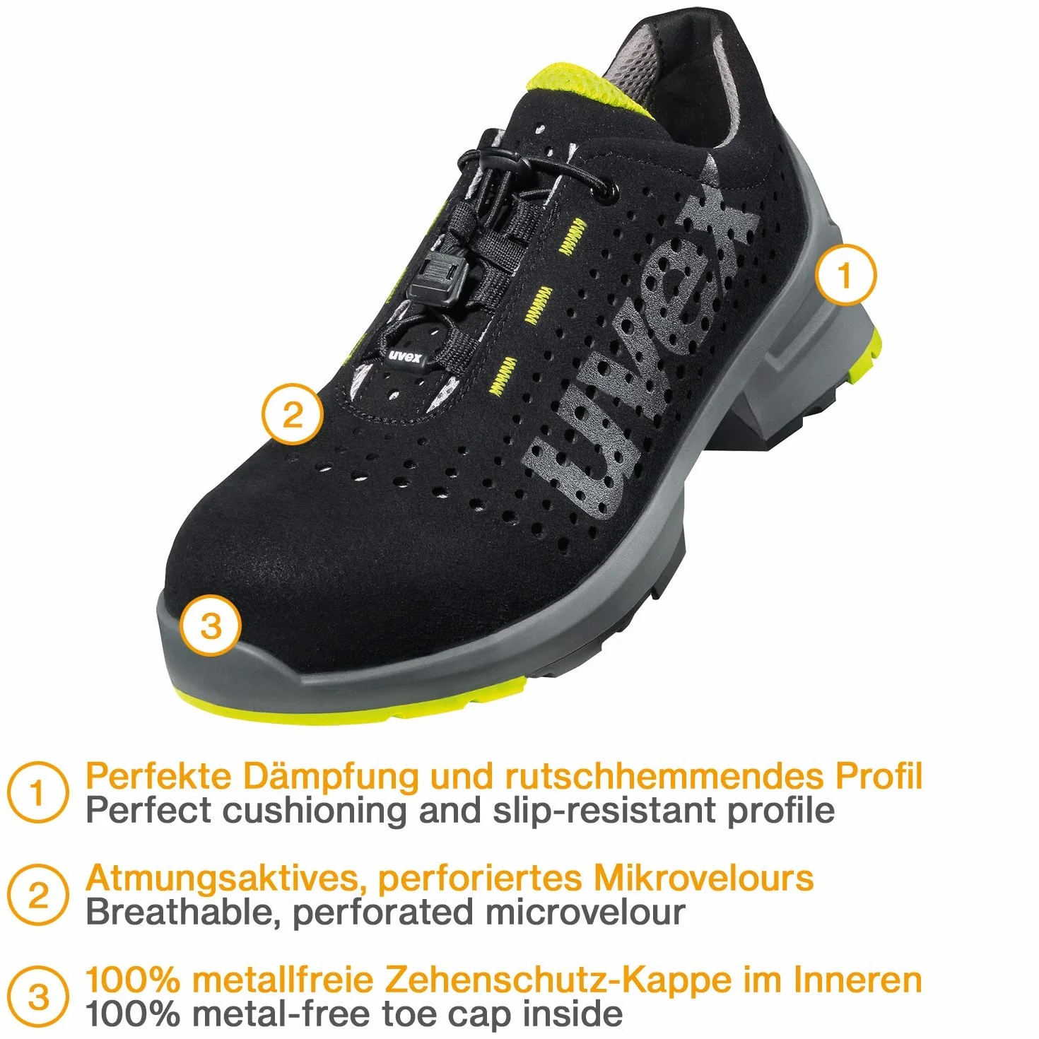 Uvex 1 - Buty robocze - bezpieczne S1 SRC ESD - lekkie i antypoślizgowe - z woreczkiem na obuwie - Limonkowo-czarne