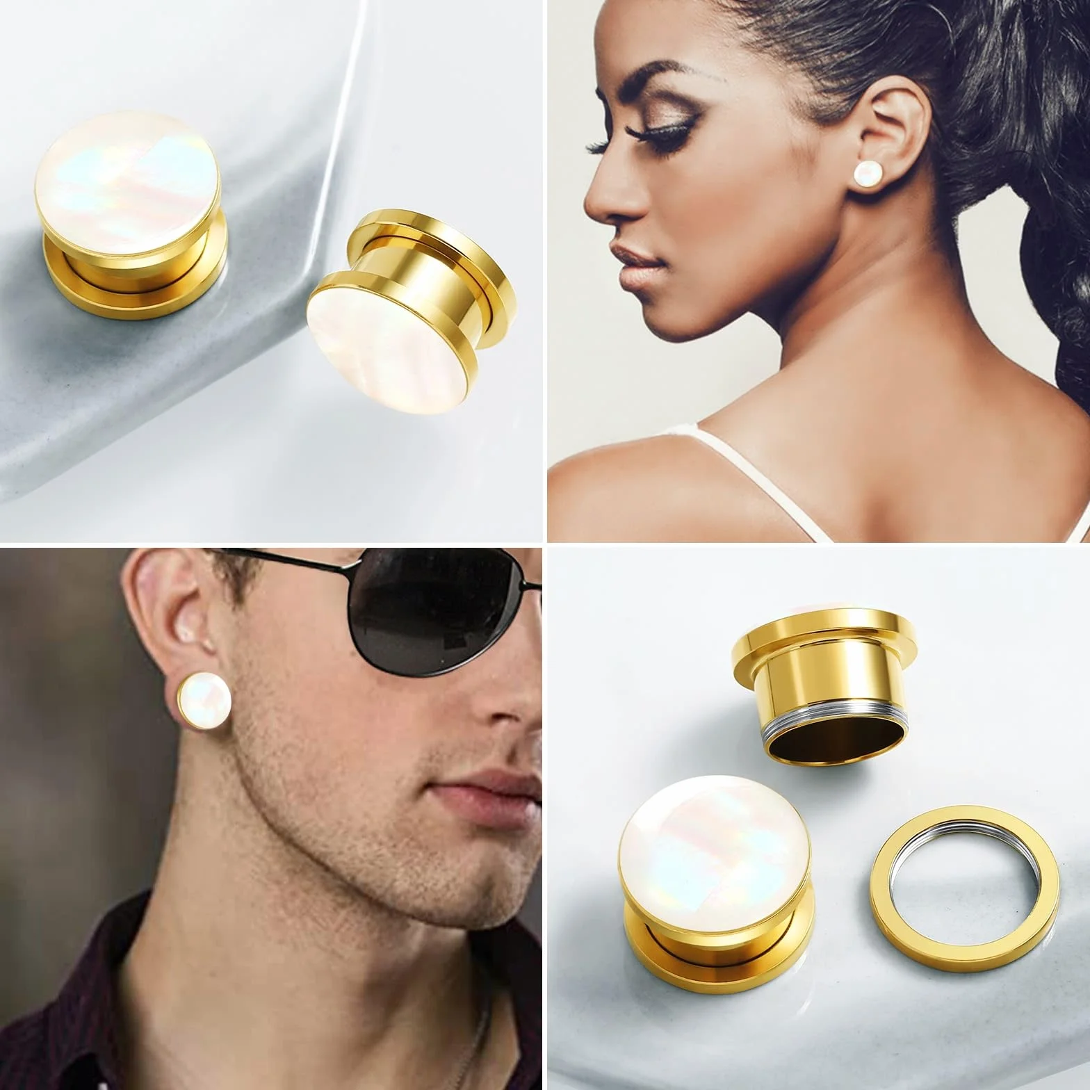 Wycian Tunele z perłą, złote, 12 mm, do wkręcania, ze stali nierdzewnej, z masy perłowej, pozłacane, stal chirurgiczna 316L, zestaw 2 szt. do wkręcania, spirala dla kobiet
