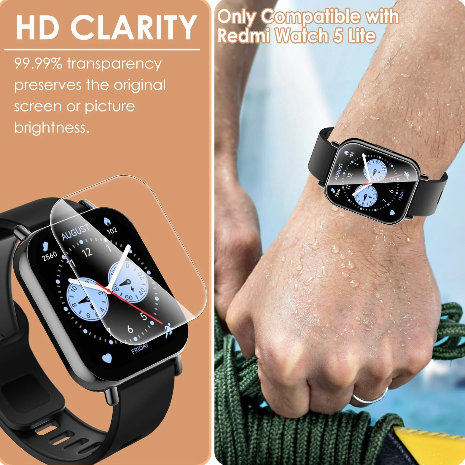 Hianjoo 6 sztuk folii ochronnej, kompatybilna z Xiaomi Redmi Watch 5 Lite, twardość 9H, odporna na olej/odporna na zarysowania, folia ochronna na wyświetlacz kompatybilna z Xiaomi Redmi Watch 5 Lite