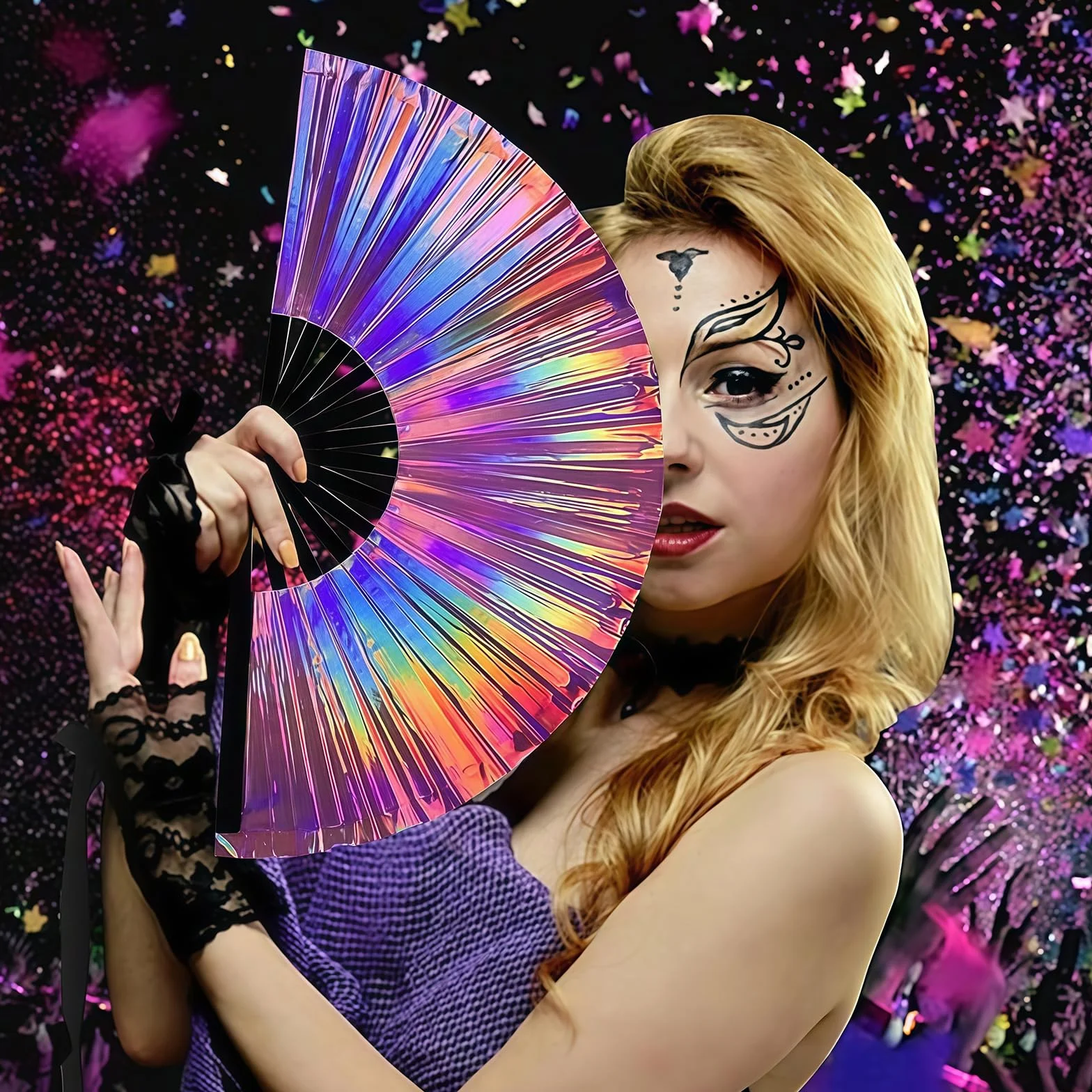 YAMOBI duży składany wachlarz ręczny rave, 1 sztuka, holograficzne kolory laserowe, idealny na festiwale, imprezy, dyskoteki, do dekoracji domu