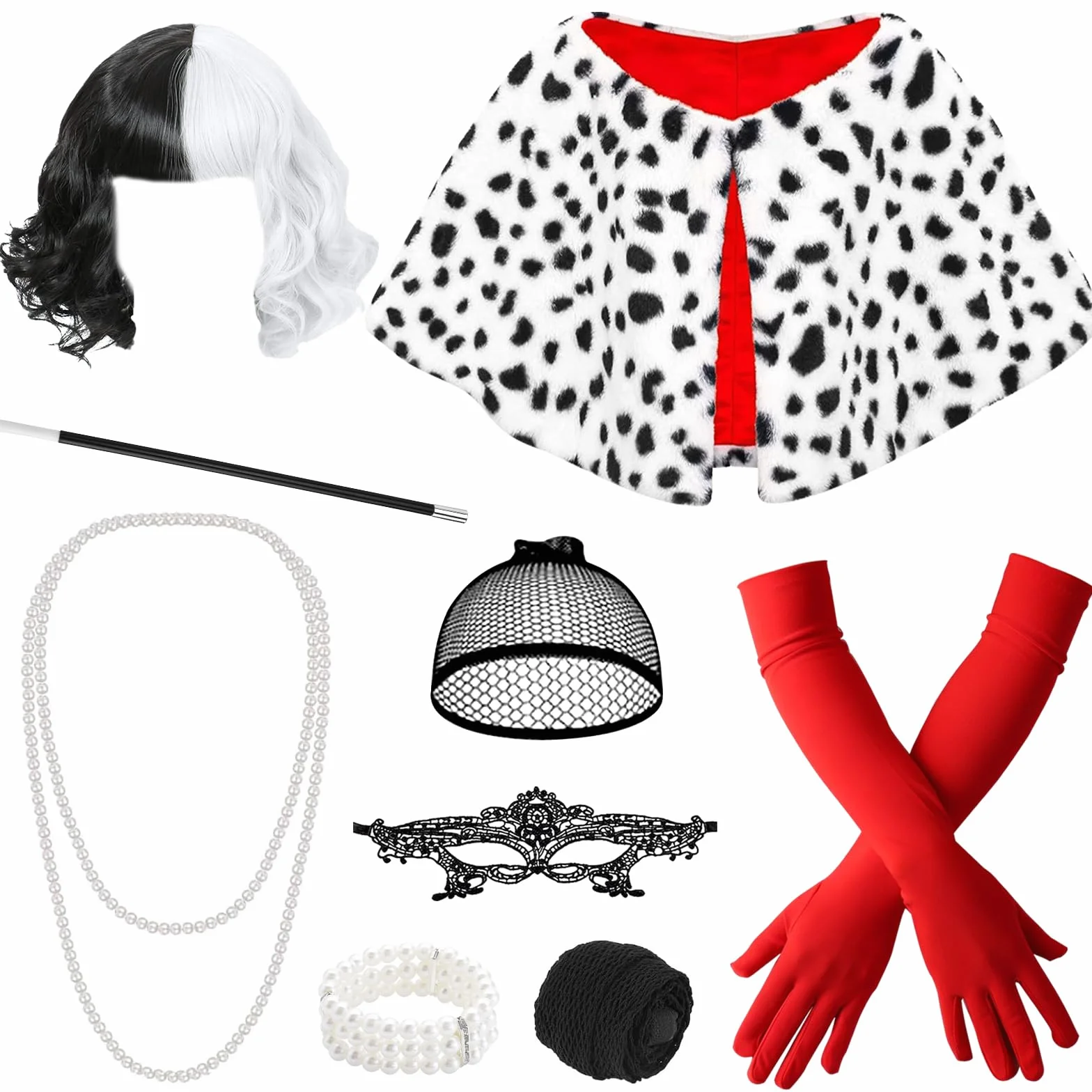 9 sztuk Cruella Zestaw cosplay dla kobiet, czarna i biała peruka, diabelski strój z peruką, maską, perłami, bransoletkami, rękawiczkami, szalikiem, papierosem i siatkowymi rajstopami na karnawał