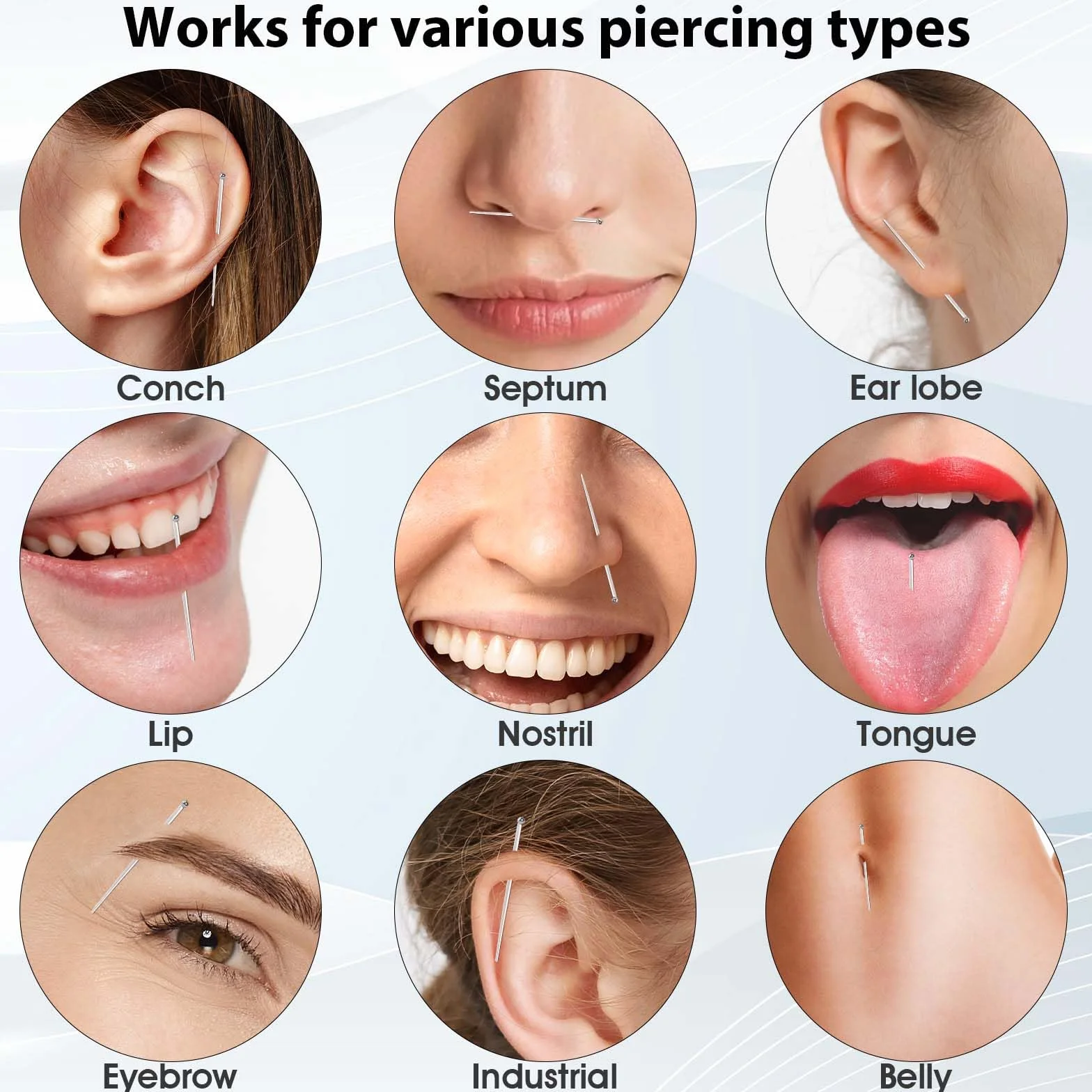 Tucnoeu 12 szt., stożek do piercingu ze stali nierdzewnej, 14G, 16G, 18G, 20G, zestaw narzędzi do zmiany nosa, uszu, pępka, warg, brwi