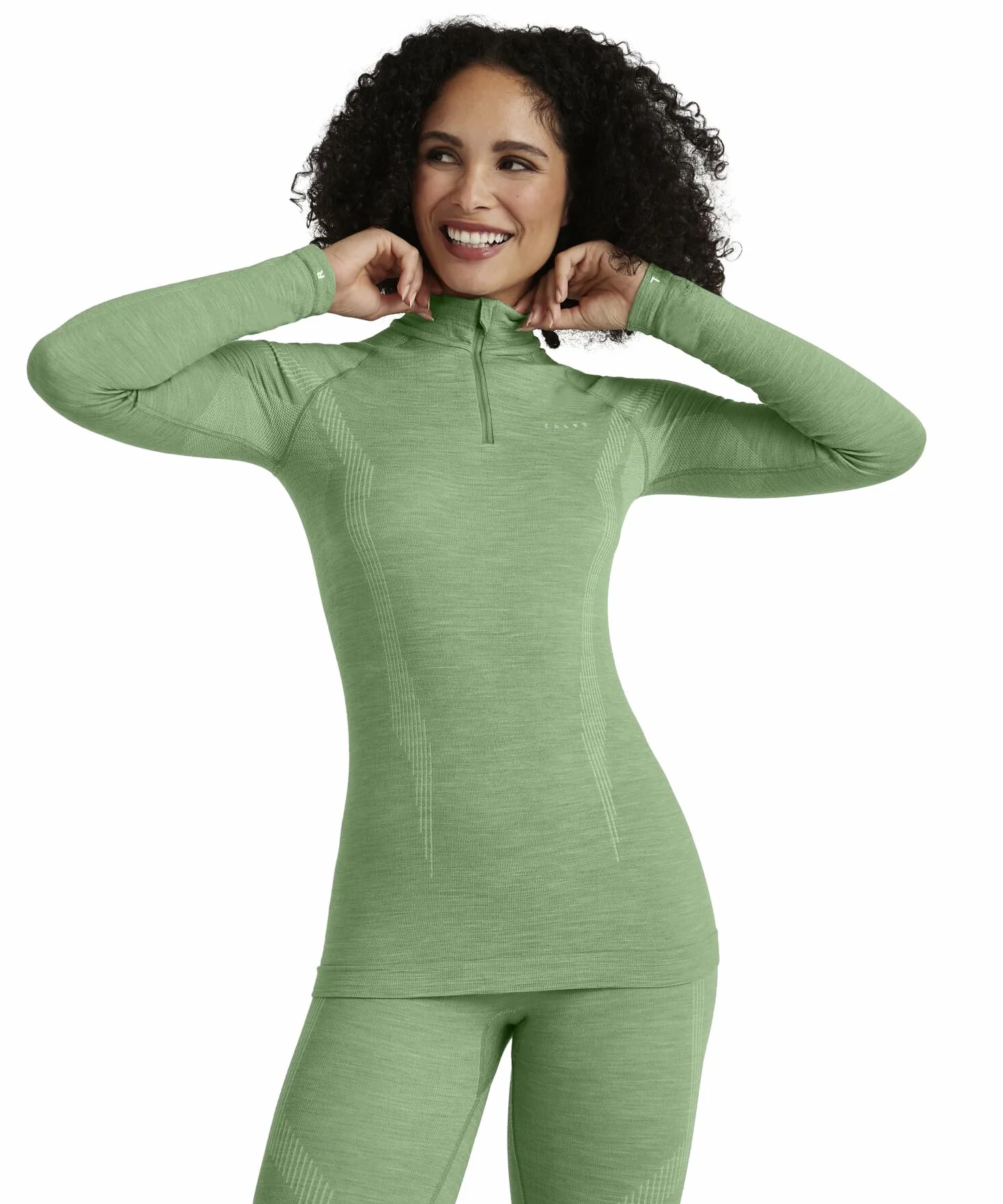 FALKE Kobiety Warstwa podstawowa (góra) Wool-Tech High Zip Neck W L/s Ts Wełna Materiał funkcjonalny szybkoschnące ciepłe 1 Sztuka, Zielony Quiet Green 7378, XS