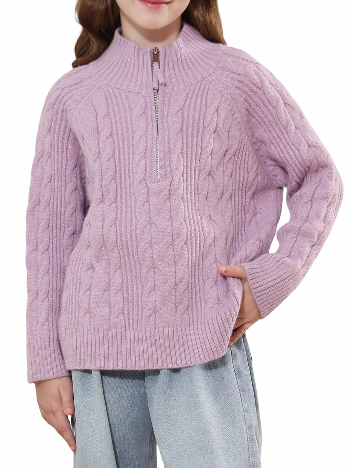 Dziewczęcy sweter z dzianiny z zamkiem do połowy, stójka, dzianina, ciepły sweter z długim rękawem, miękki, przytulny sweter, jesienno-zimowy, topy dla dzieci w wieku 5-15 lat
