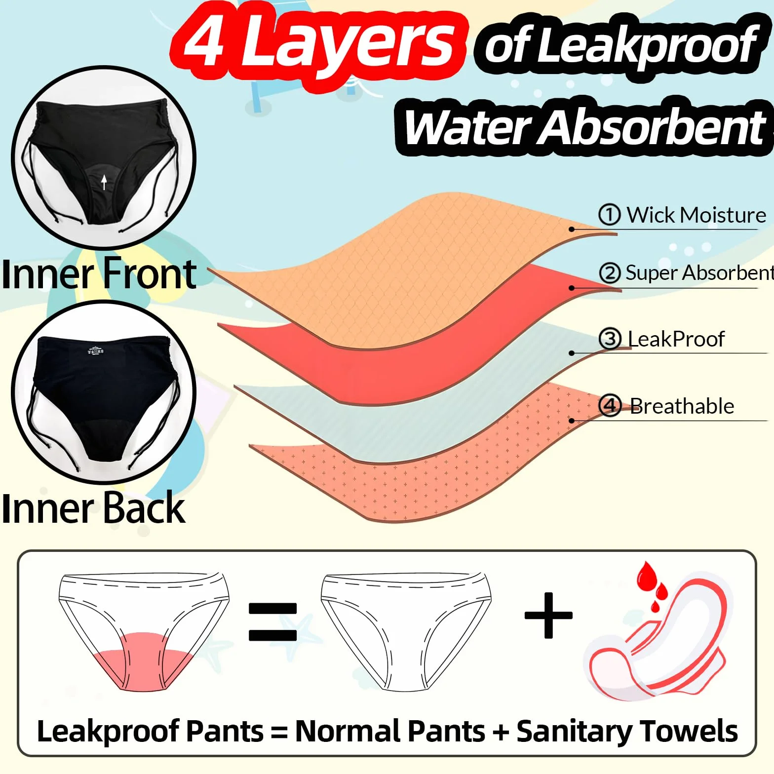 Spodnie menstruacyjne dla kobiet, do pływania, z wysokim stanem, 4-warstwowe, szczelne, bikini menstruacyjne, stroje kąpielowe dla dziewcząt, nastolatków, super chłonne, szybkoschnące szorty