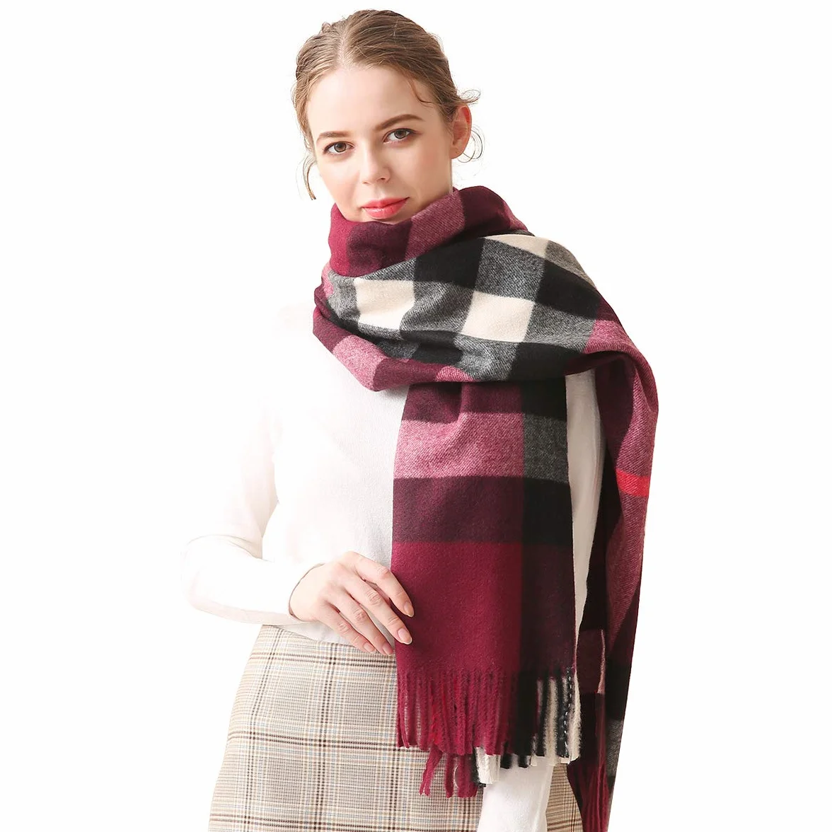 LumiSyne Zimowy senior w kratę kaszmirowy szalik z frędzlami dla kobiet mężczyzn oversize Tartan etola klasyczny wzór karo miękki i pogrubiony szal w kratkę Pashmina, czerwony (Weinrot), jeden rozmiar
