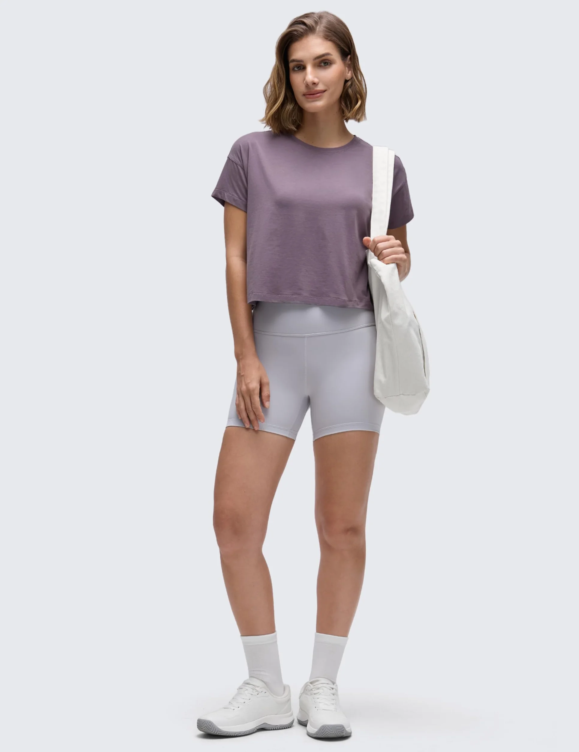 CRZ YOGA Damskie koszulki treningowe z krótkim rękawem z bawełny pima Luźne topy sportowe Koszulka na siłownię Casual Cropped T-Shirt