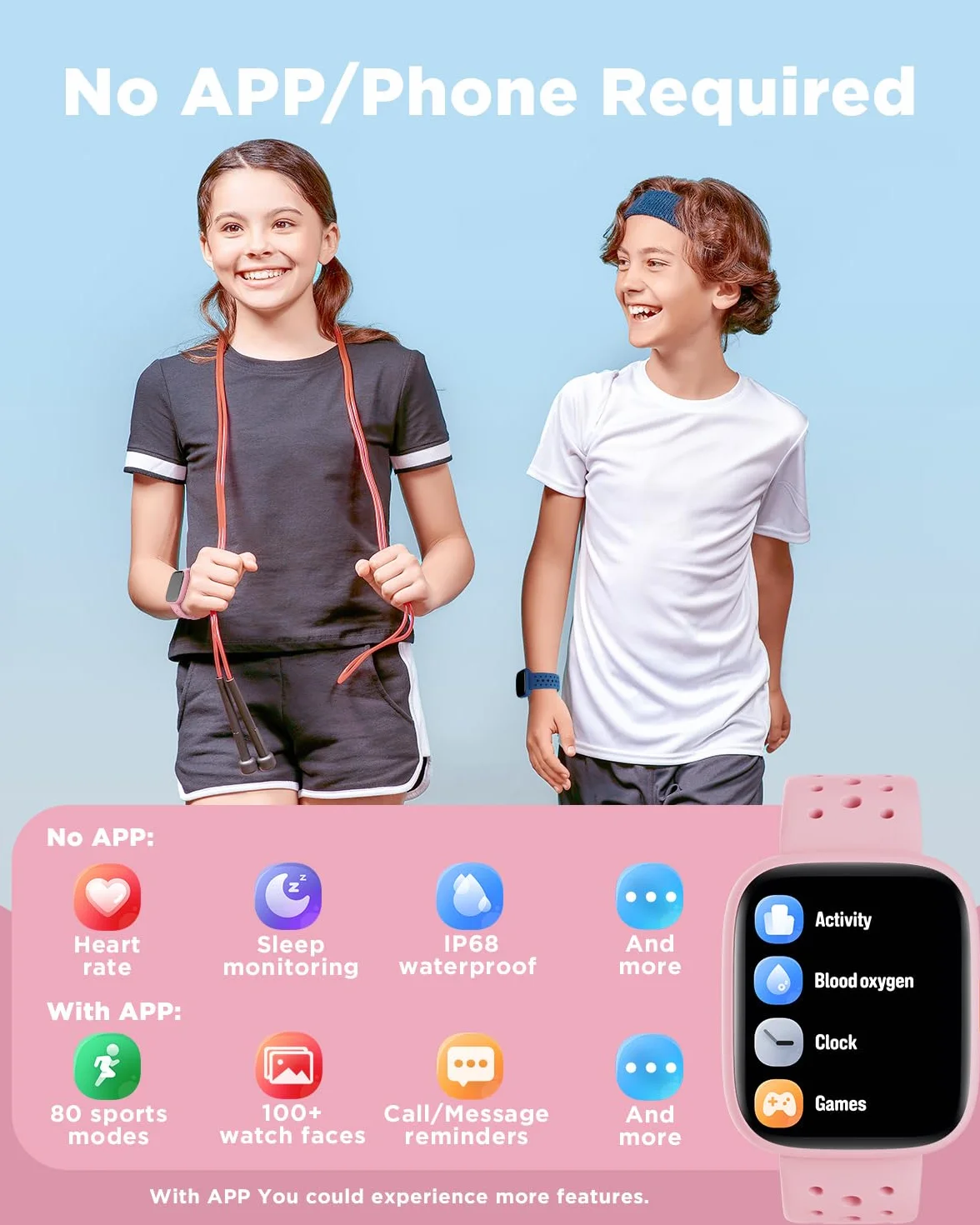 Biggerfive Smartwatch dla dzieci, 1,8-calowy zegarek fitness z krokomierzem, 24/7 pomiar tętna, monitor snu, alarm wibracyjny, klasa wodoszczelności IP68, gry logiczne z/bez aplikacji, dla dziewczynek
