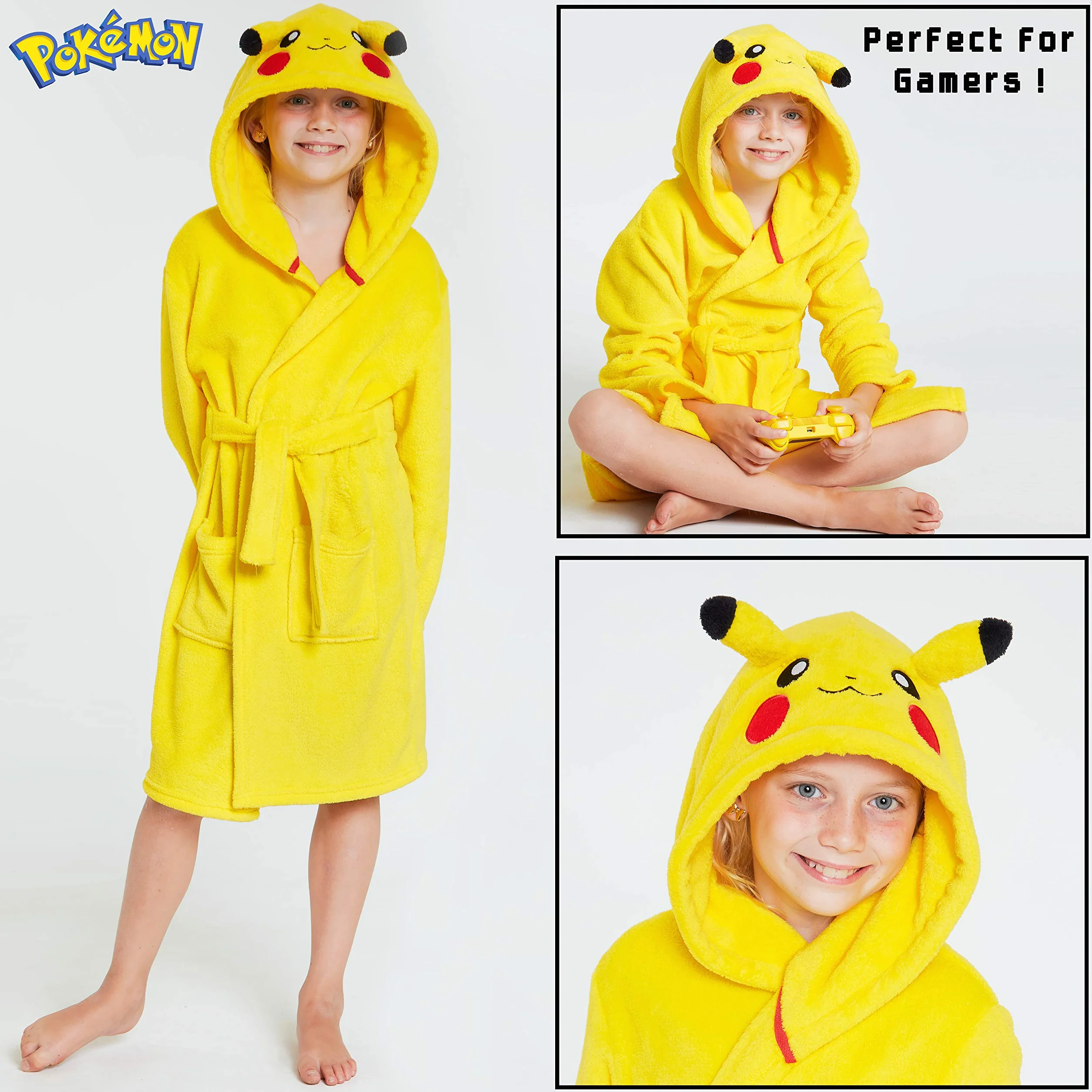 Pokemon szlafrok z kapturem, Pikachu 3D, miękki polarowy szlafrok dla dzieci, zabawne ubrania dla dzieci, dla chłopców lub dziewcząt, pomysł na prezent dla dzieci i nastolatków w wieku 4–14 lat