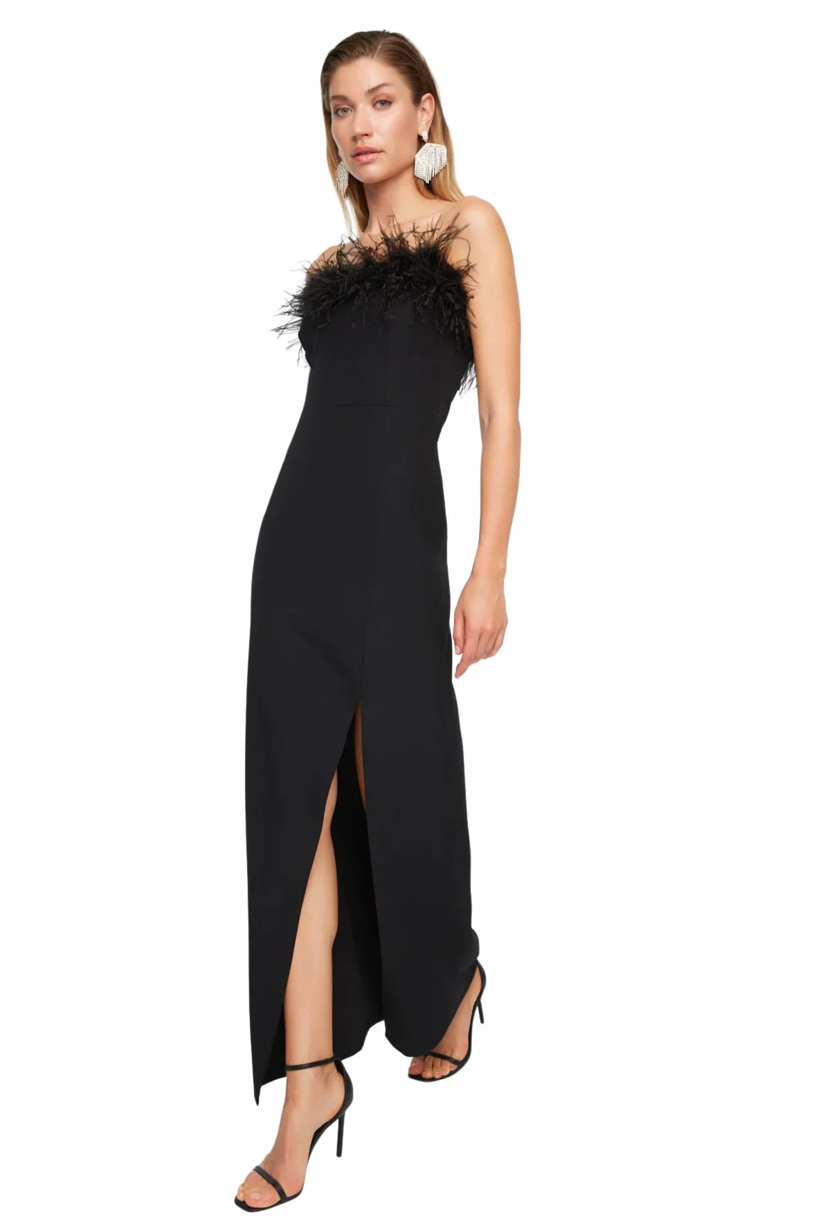 Trendyol Damska sukienka wieczorowa maxi bodycon dopasowana tkana, Czarny, 62