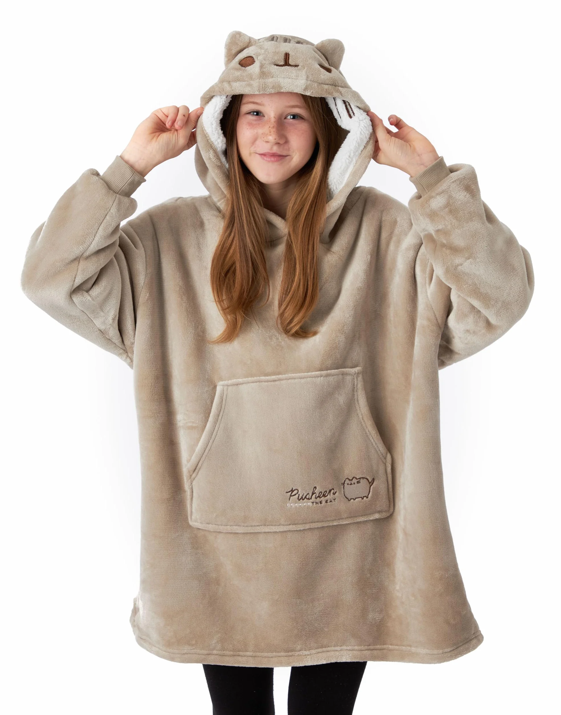 Oodie Pusheen Dziewczynki Brązowy Kocowy Sweter z Kapturem | Zanurz się w Komforcie z Wyszywaną Twarzą Pusheen | Idealny do Gry, Relaksu i Przytulnych Dni | Z Kapturem dla Dodatkowego Ciepła