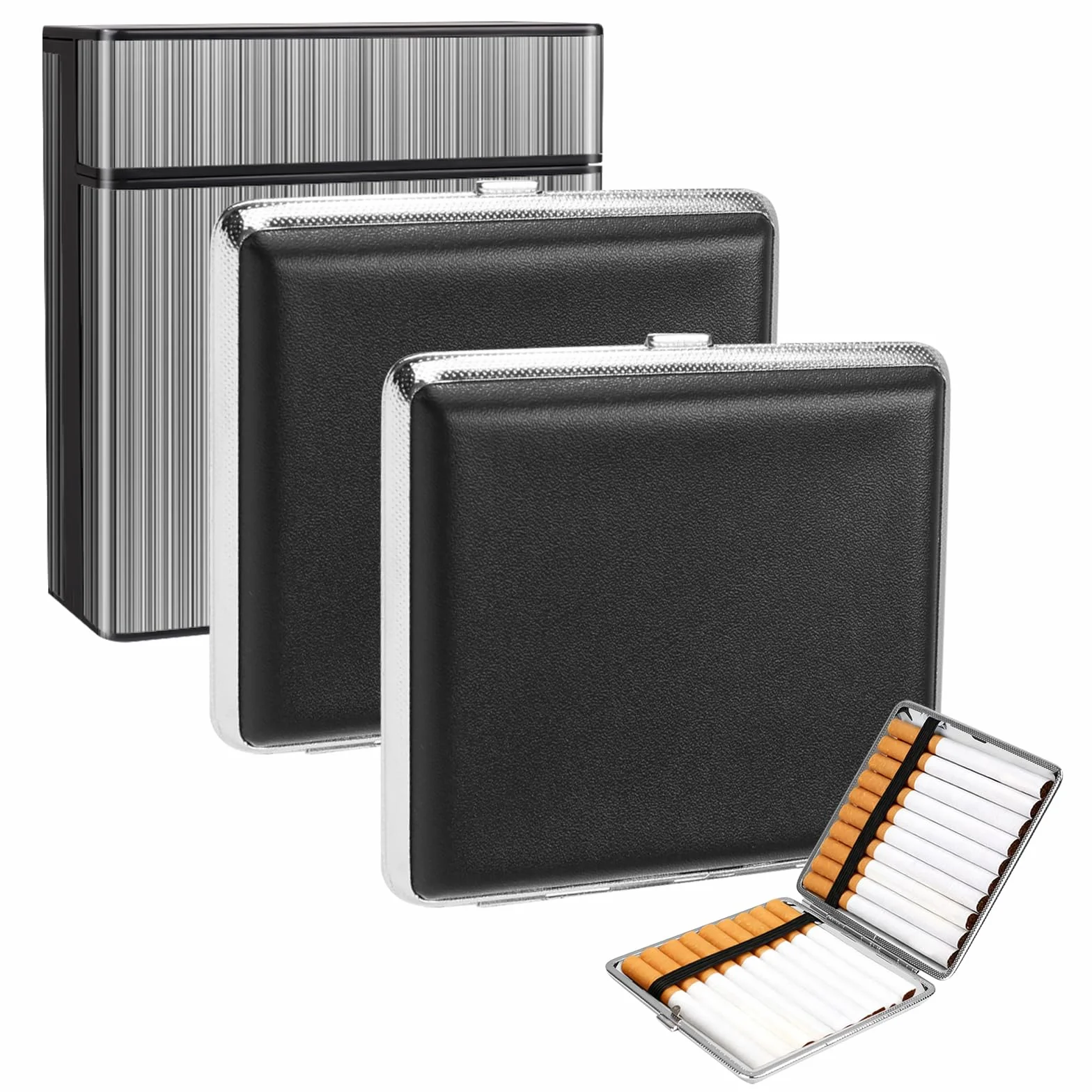 3 sztuki etui na papierosy ze skóry i metalu, pudełko na papierosy na 20 i 40 papierosów, przenośne etui na papierosy dla mężczyzn, pudełko na papierosy z zamknięciem zatrzaskowym (czarne +