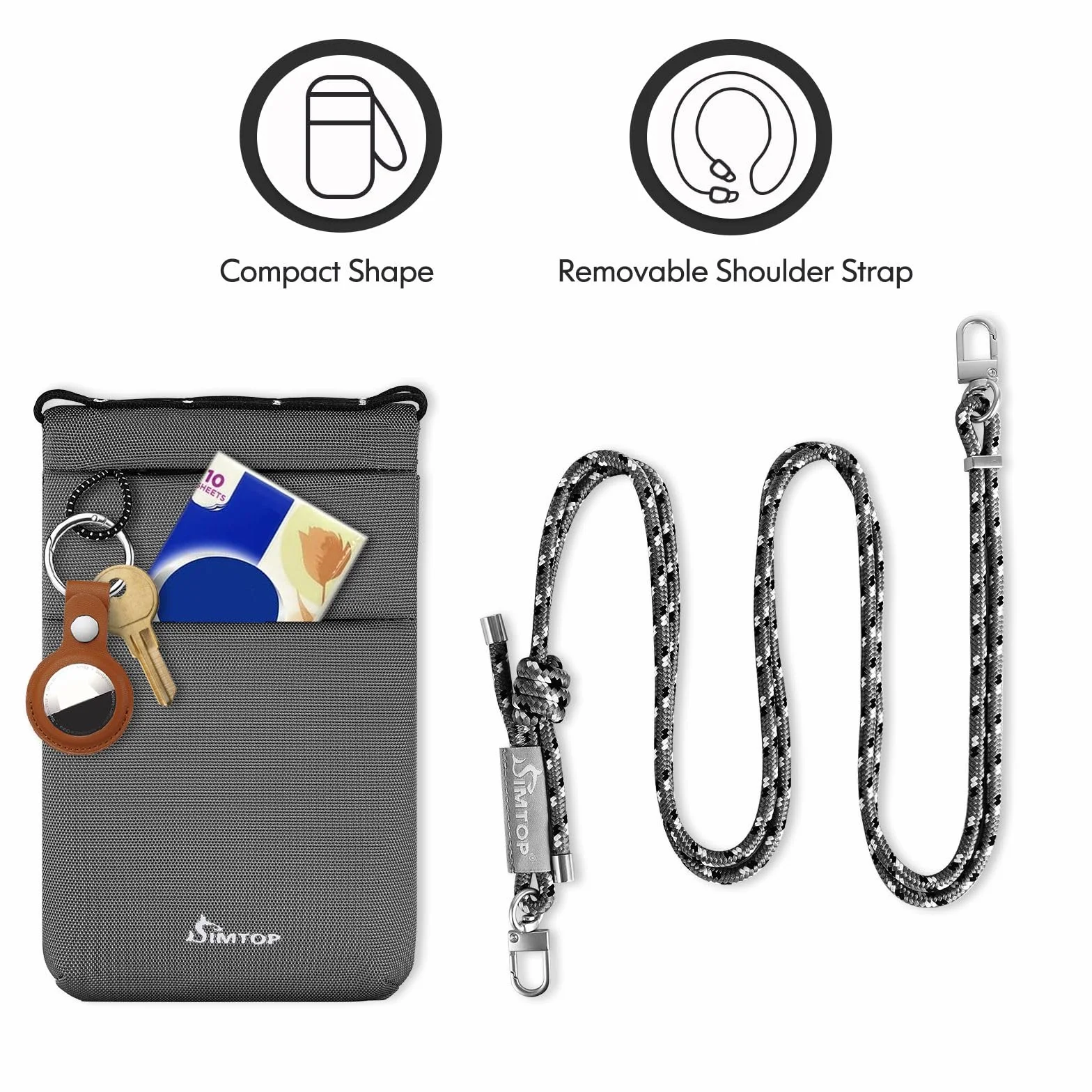 SIMTOP Wodoodporny Futerał na szyję z Ochroną RFID dla mężczyzn i kobiet,Etui smartfony,Telefon komórkowy z paskiem Ramię do Paszportu,Lekka Torba monety podróżne,Czerwony,Ciemnoszary