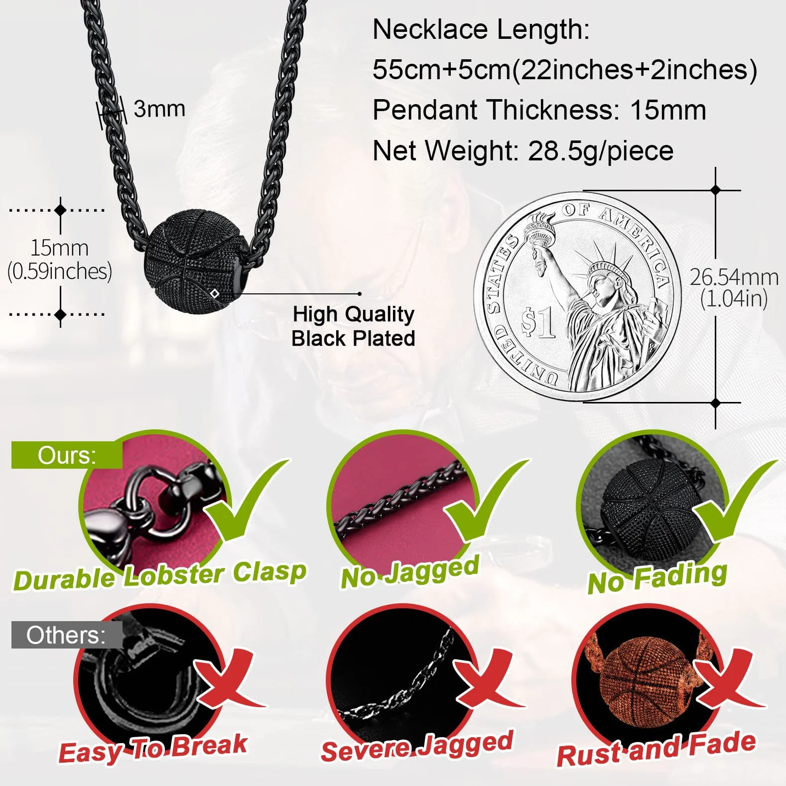FaithHeart Męski Naszyjnik Sportowy Wisiorek Piłka nożna/Koszykówka/Siatkówka/Rugby Stal nierdzewna/Złoty/Czarny z Łańcuchem 55+5 cm, Biżuteria sportowa dla Nastolatków Chłopiec Kobiety (Pudełko