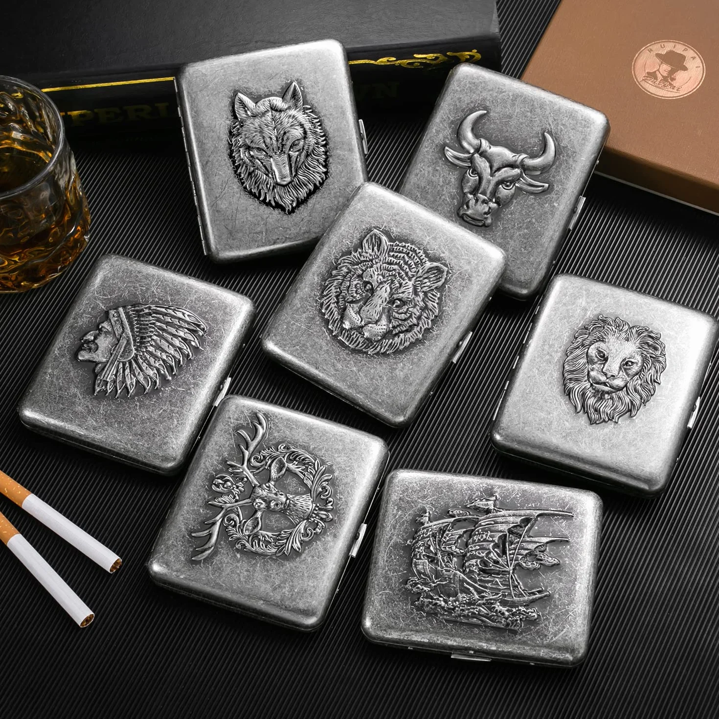 Papierośnica w stylu vintage, srebrna, męska, metalowa, z pudełkiem na prezent, w stylu retro, dla mężczyzn i kobiet, antyczna papierośnica, 20 papierosów, ze stali nierdzewnej, dla mężczyzn i kobiet