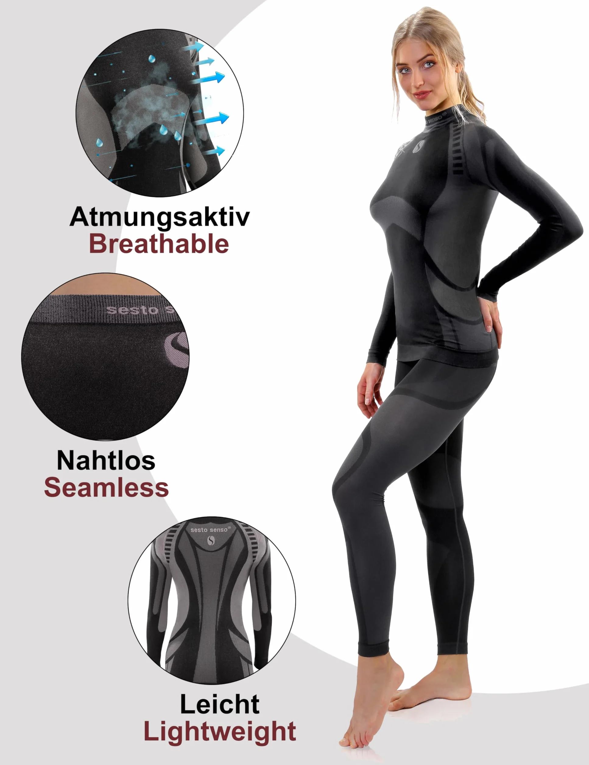 sesto senso Damska bielizna funkcyjna, zestaw z długim rękawem, długie majtki, bielizna sportowa, termoaktywna