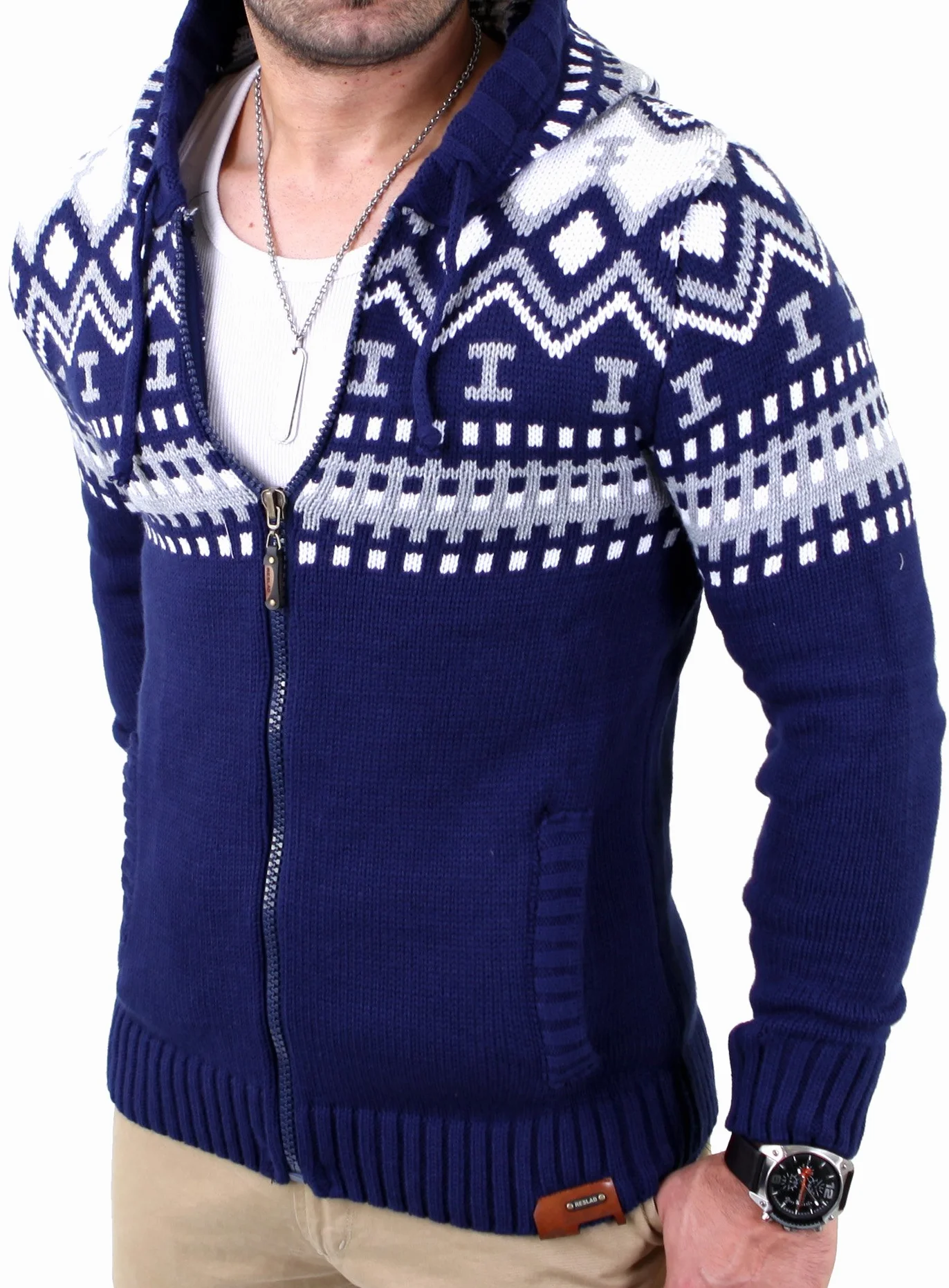 Reslad Męska gruba dzianina norweski sweter zimowy sweter z dzianiny bluza z kapturem RS-3104
