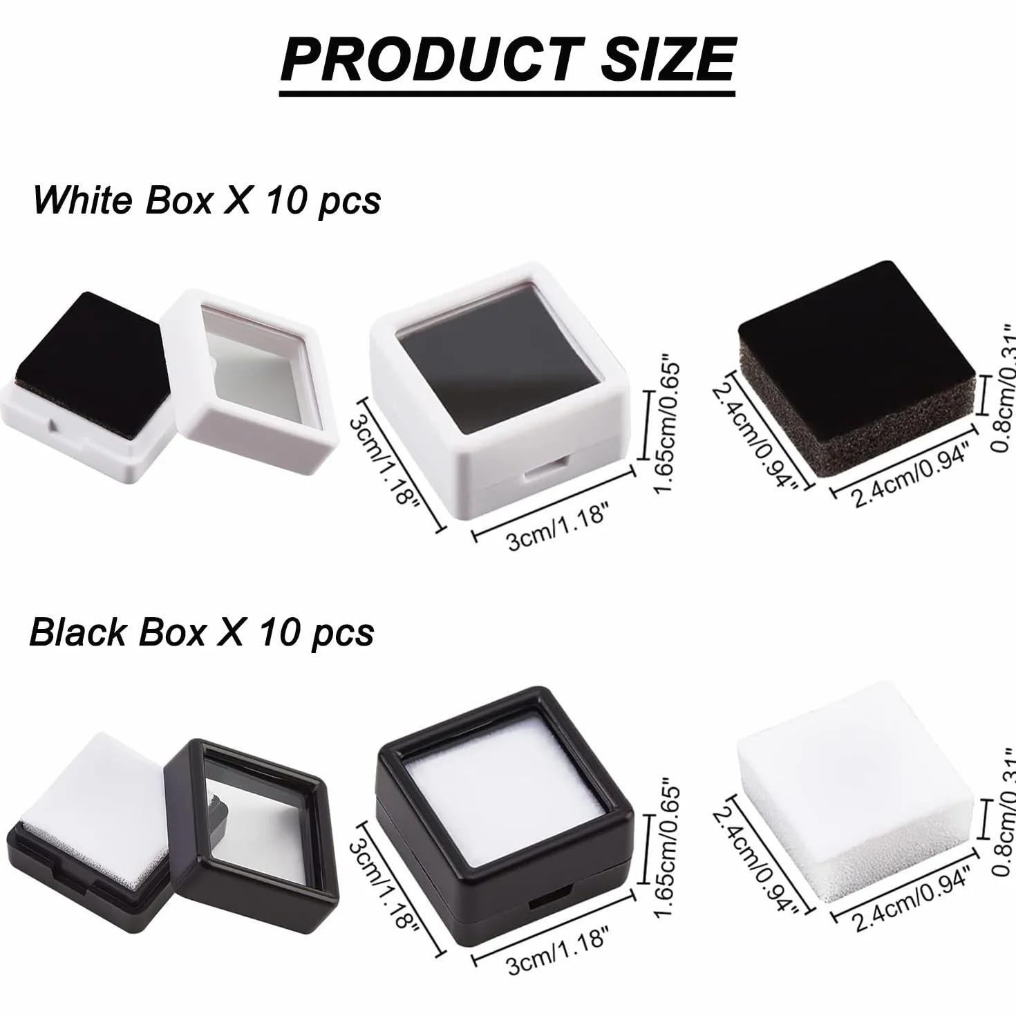 20 sztuk 3x3 cm pudełka na kamienie szlachetne, akrylowe szkatułki na biżuterię z przezroczystą pokrywką i gąbką wewnątrz, czarno-biała szkatułka ekspozycyjna, do kamieni szlachetnych