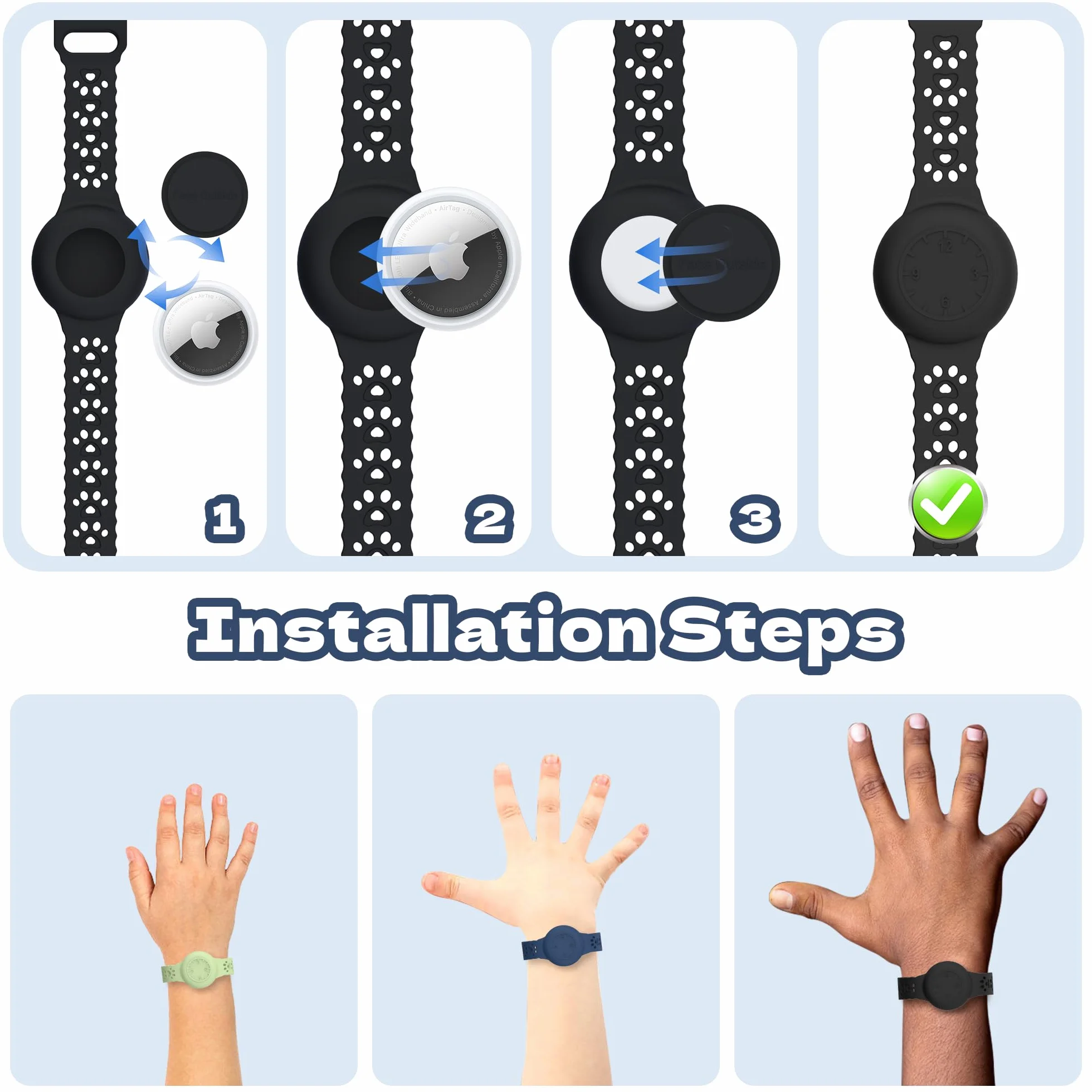 Kids Armband kompatybilny z Apple Airtag, 2 Pack, Wodoodporny Silikonowy Opaska na Nadgarstek z GPS Tracking, Anti-Lost dla Airtag Holder, Midnight Blue/Czarny