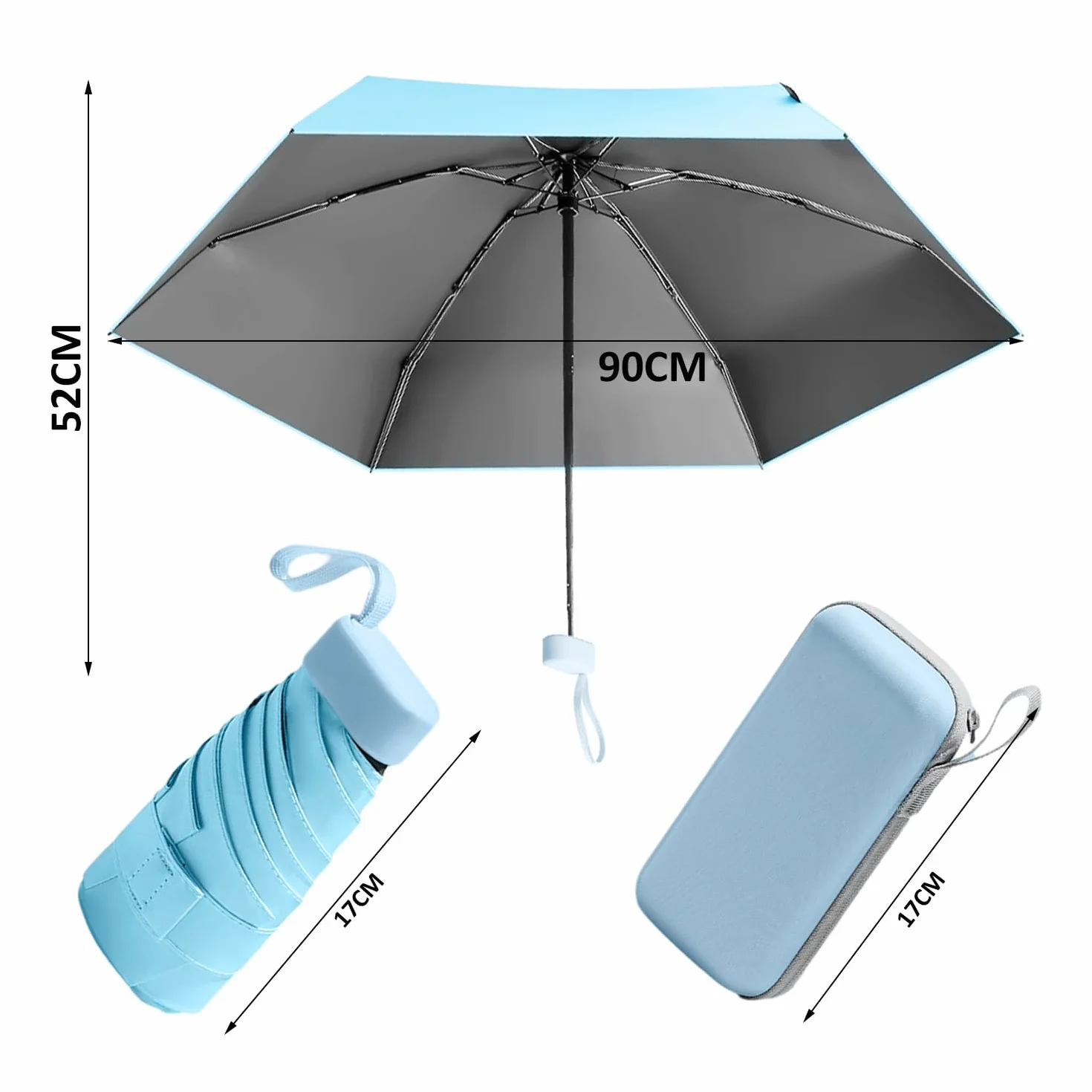 MEMOFYND 1 x mini parasol z pudełkiem do przechowywania, kompaktowy, parasol podróżny, wiatroszczelny, składany, przenośny, błękitny, błękitny, ma?y