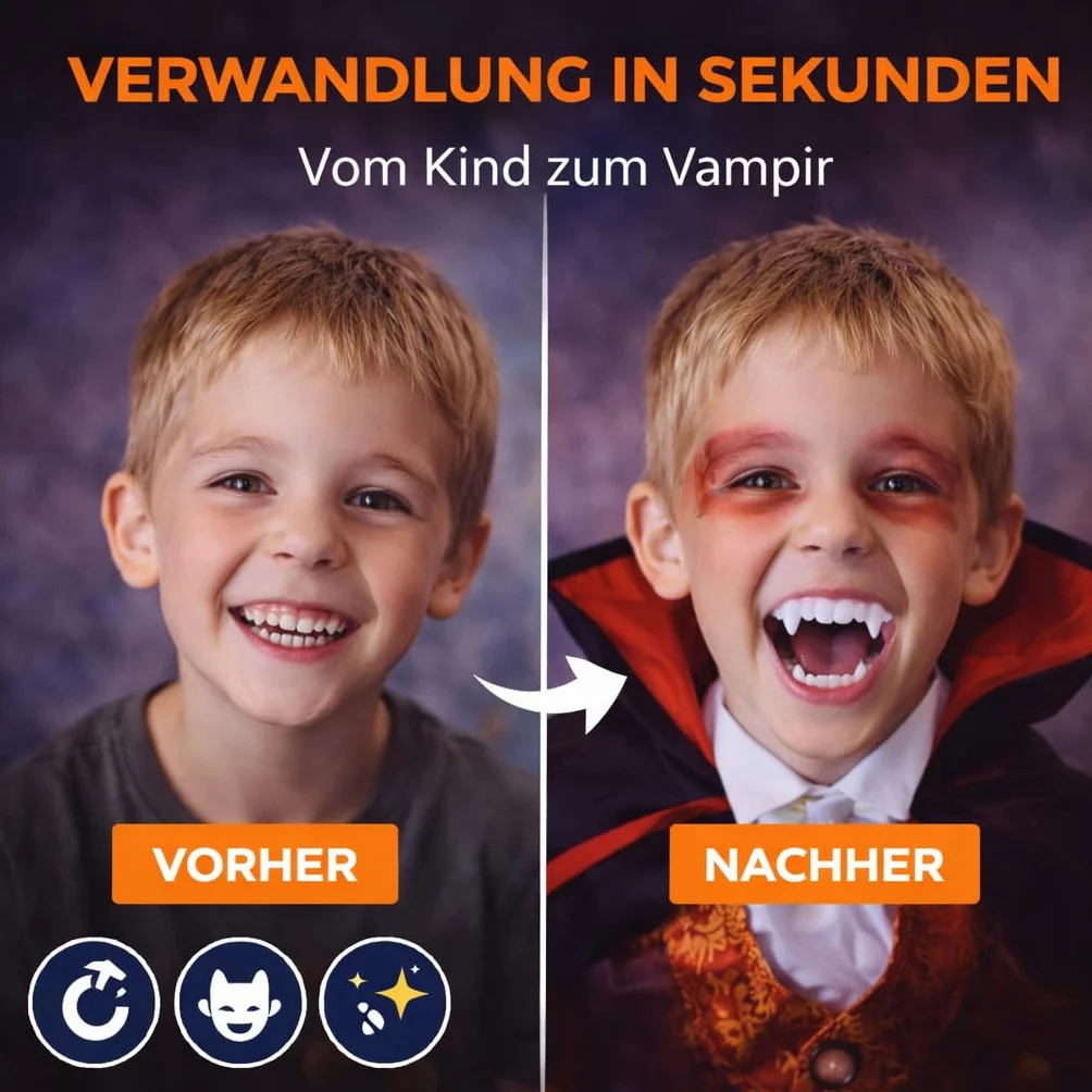Zęby wampirów dla dzieci: bezpieczne i solidne mocowanie zębów do kostiumów Draculi i wampirów - idealne na Halloween i karnawał