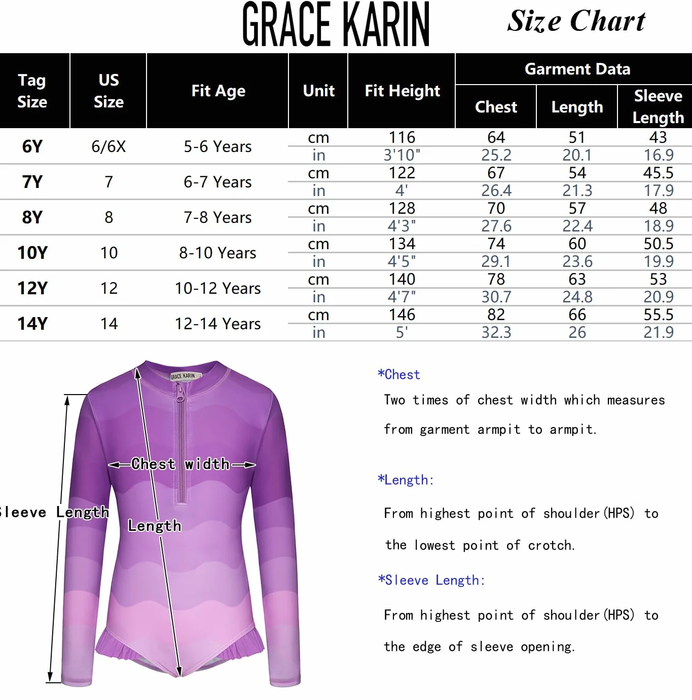 GRACE KARIN Dziewczęcy kostium kąpielowy dla dzieci jednoczęściowy strój kąpielowy z długim rękawem strój kąpielowy Rash Guard kostium kąpielowy 5-14 lat