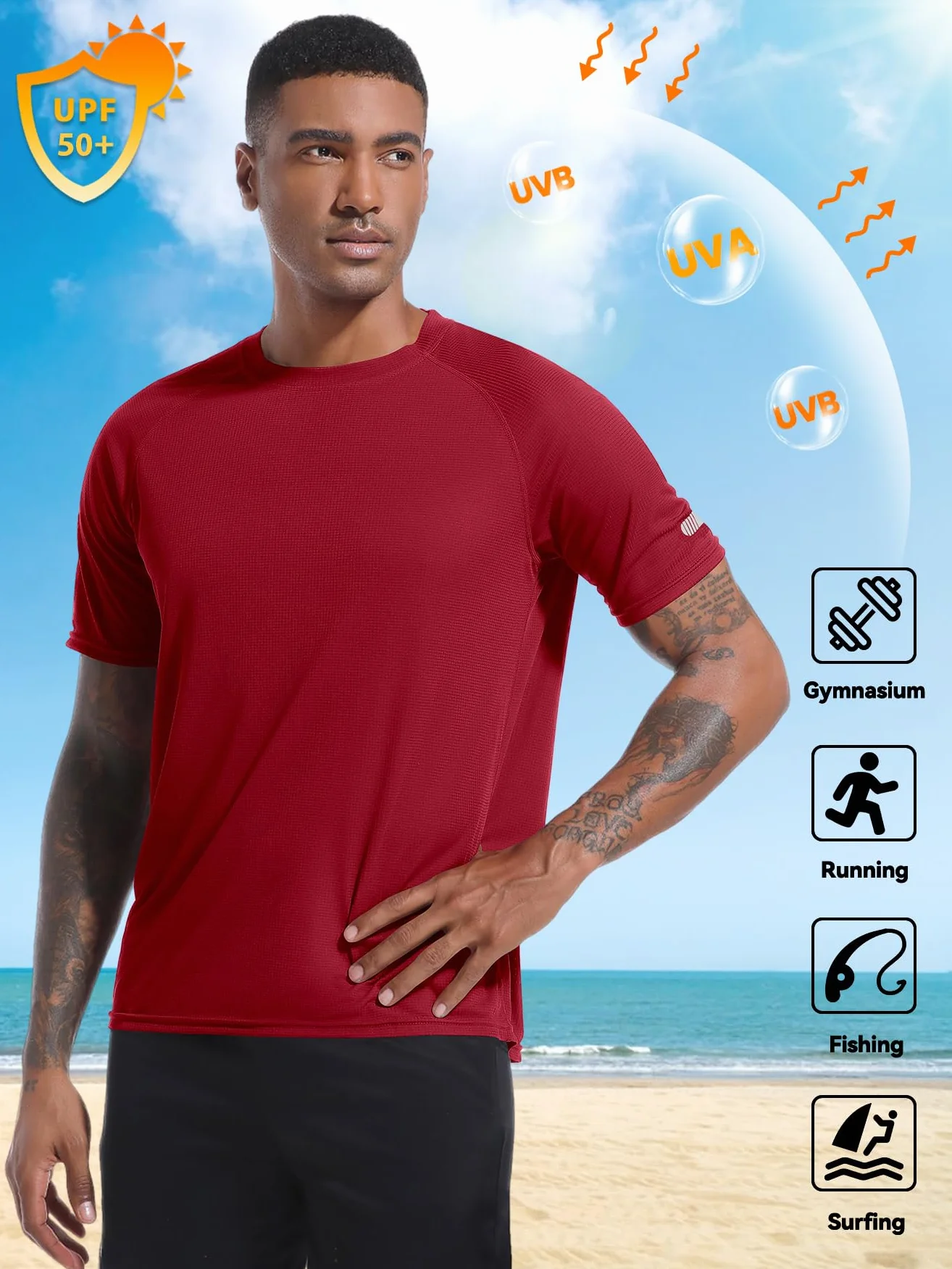 Męskie koszulki do biegania UPF 50+, ochrona przed słońcem, Rash Guard, koszulka Quick Dry SPF UV Swim Short Sleeve Shirts