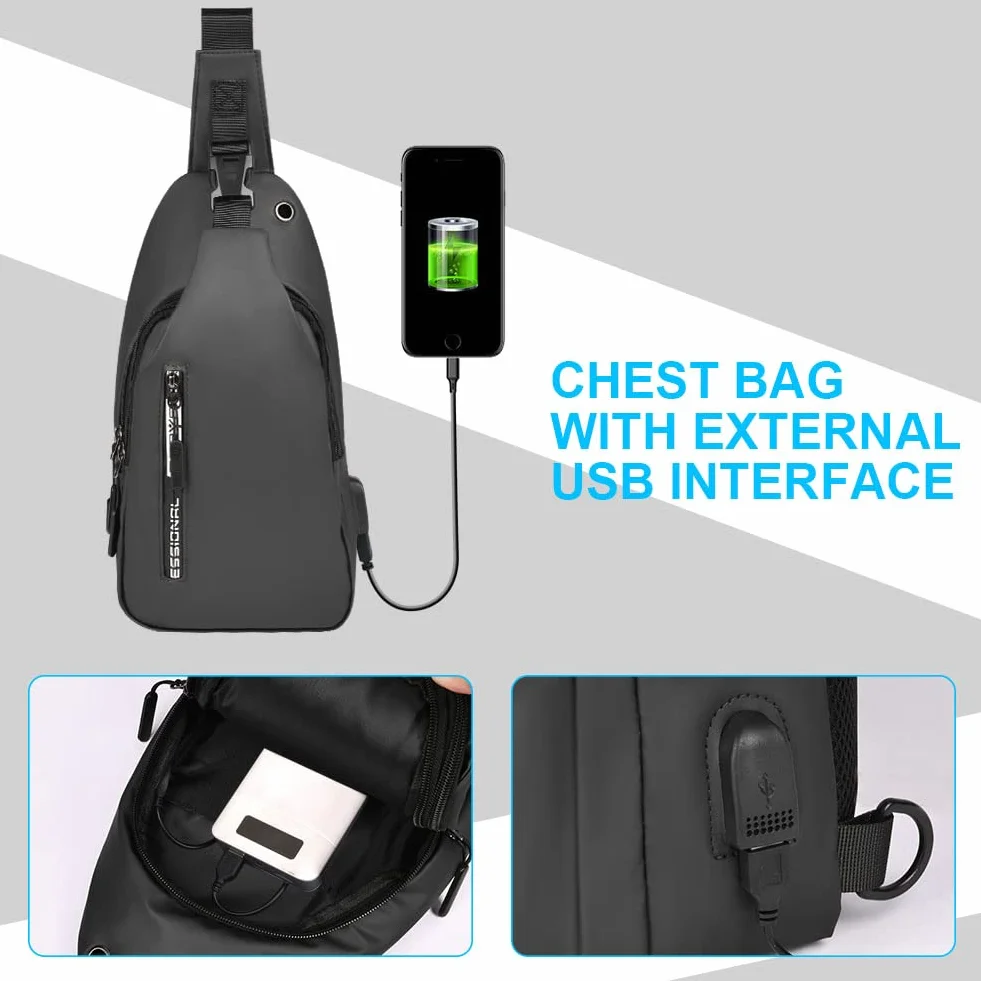 Aucuu męska torba na klatkę piersiową, torba na ramię z portem USB do ładowania, wodoodporna torba na ramię, torba na piersi Crossbody (z USB*1), #2 Szary