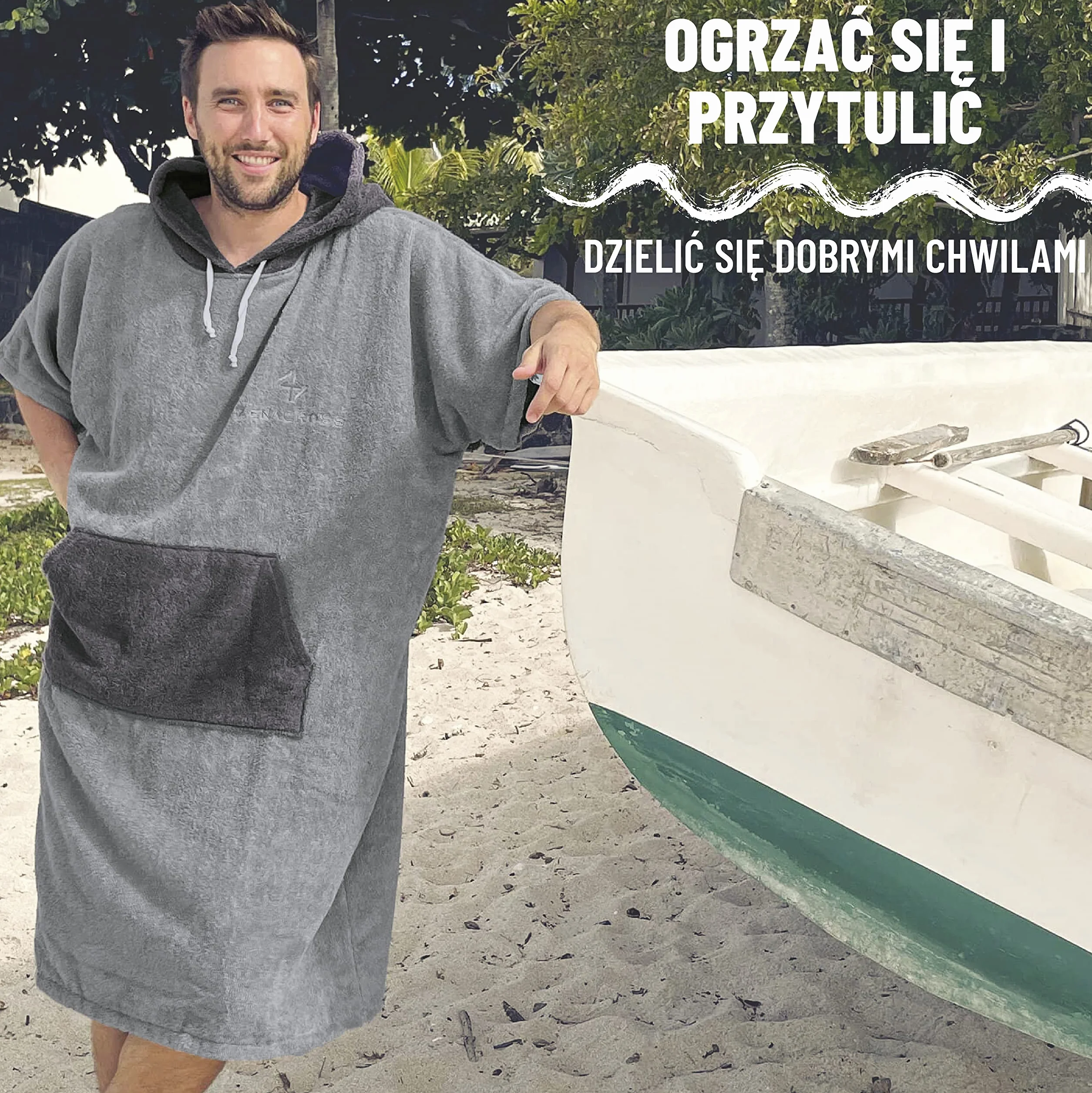 Poncho kąpielowe i sportowe - L/XL - 100% bawełna frotte - damskie poncho, męskie poncho, dla dorosłych i dzieci - idealne na plażę, basen i basen oraz ręcznik - jasnoszare