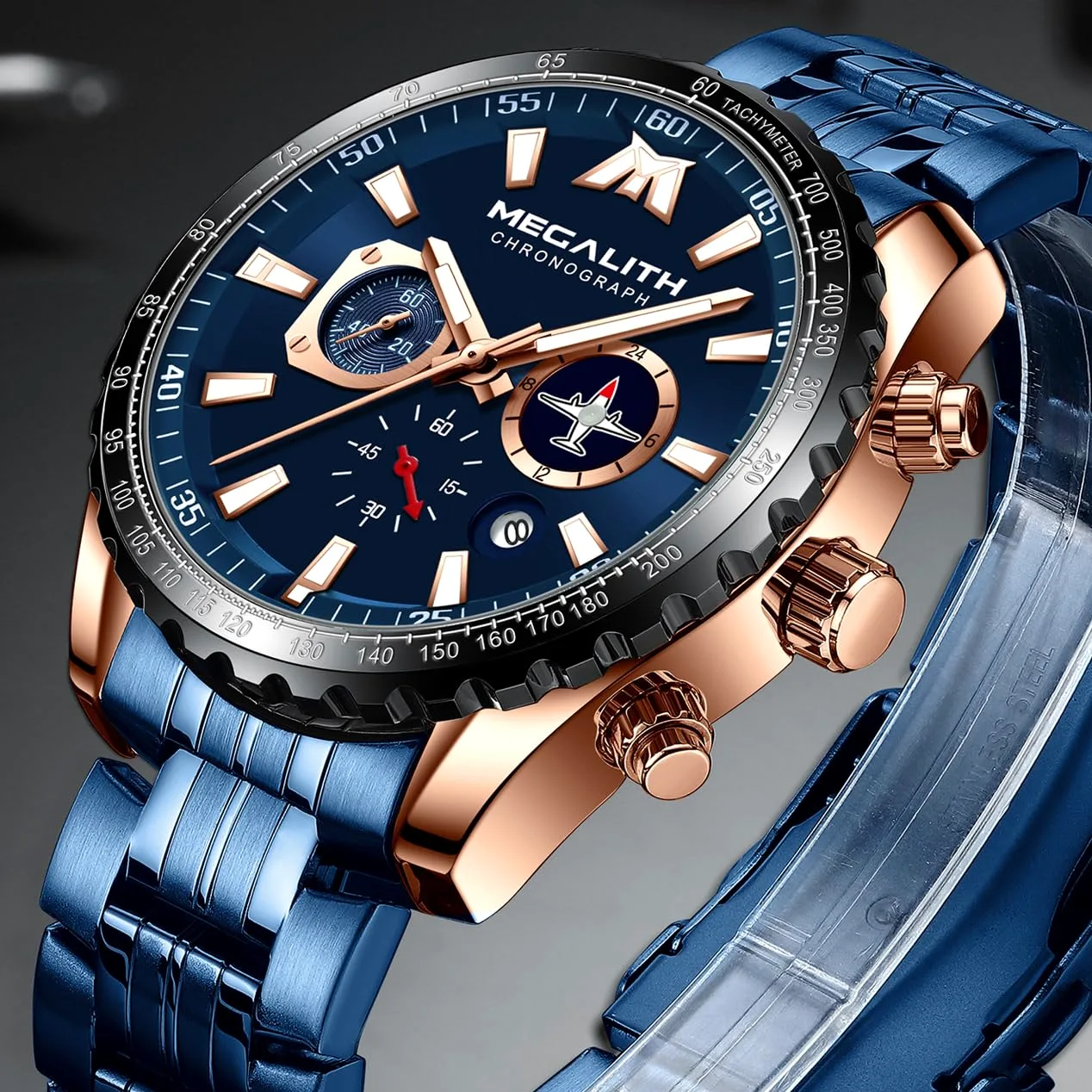 MEGALITH Zegarek męski ze stali nierdzewnej, 46 mm, duży, męski, designerski, wojskowy chronograf, analogowy, wodoszczelny, z datą, świecący, biznesowy prezent dla mężczyzn