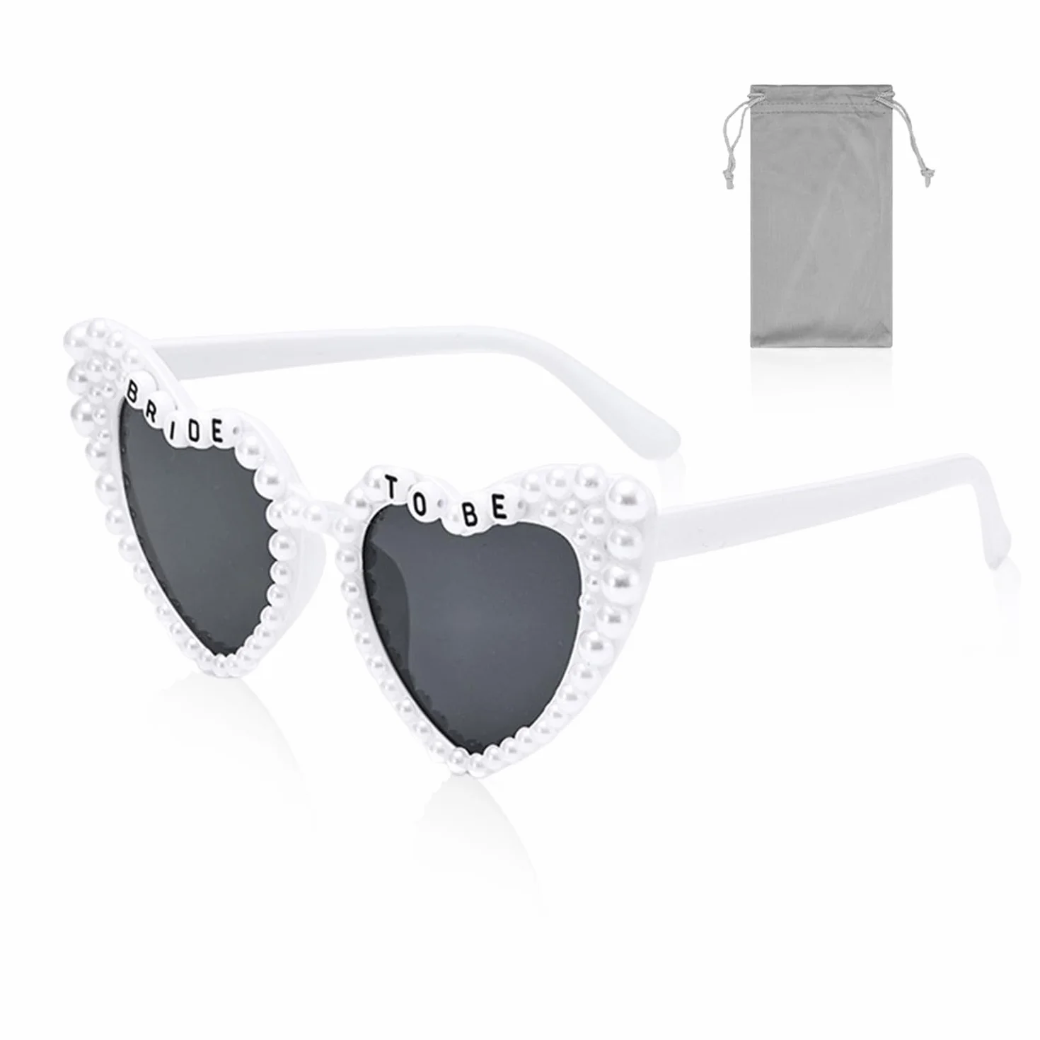 1 x okulary z perłowym sercem, 1 x torba na okulary, okulary BRIDE TO BE, okulary przeciwsłoneczne dla panny młodej, okulary przeciwsłoneczne na wieczór kawalerski
