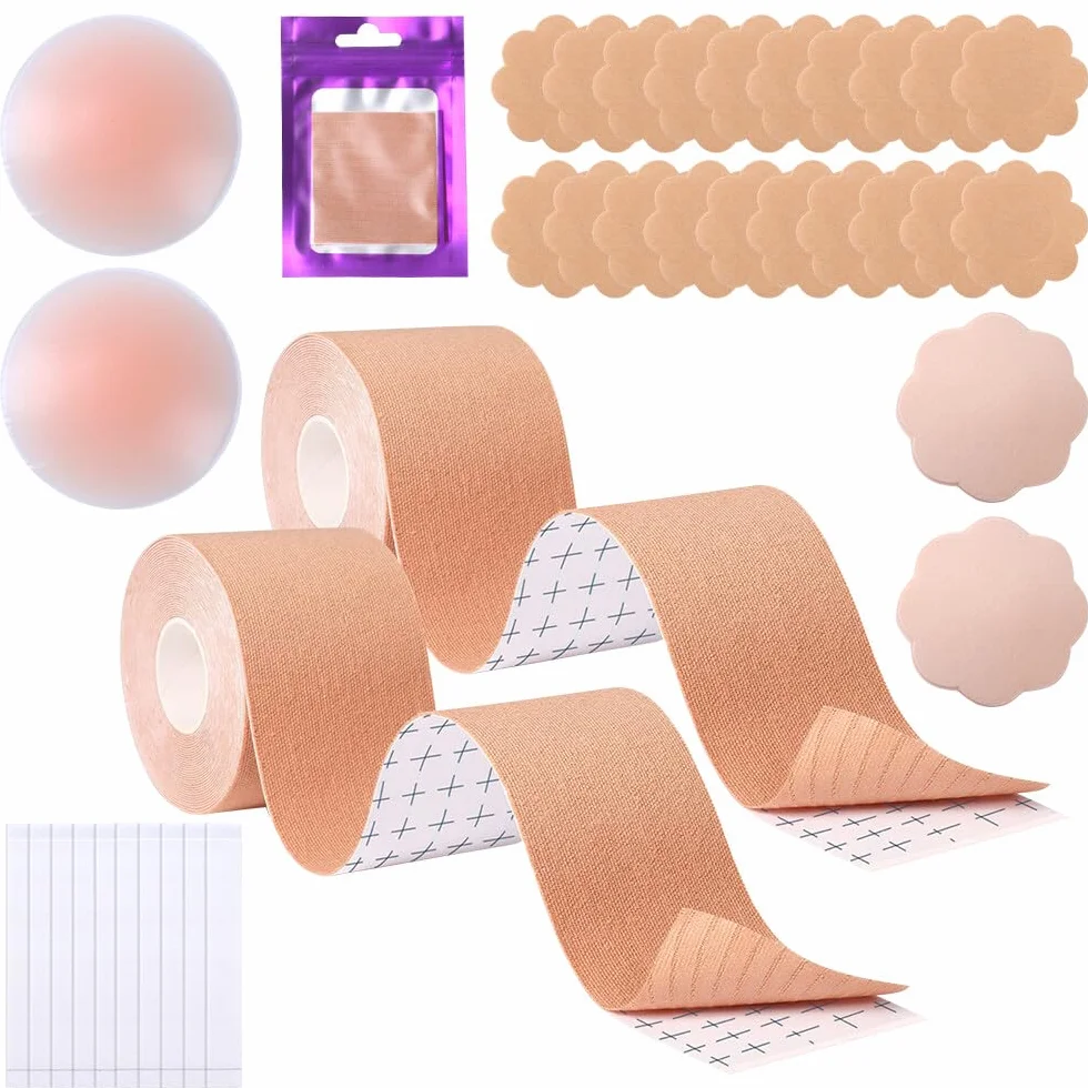Taśma do podnoszenia piersi, taśma boobtape taśma klejąca piersi boob tape biustonosze samoprzylepne kobiety push up z silikonowymi sutkami, satynowe płatki, dwustronna wstążka do sukni wieczorowych