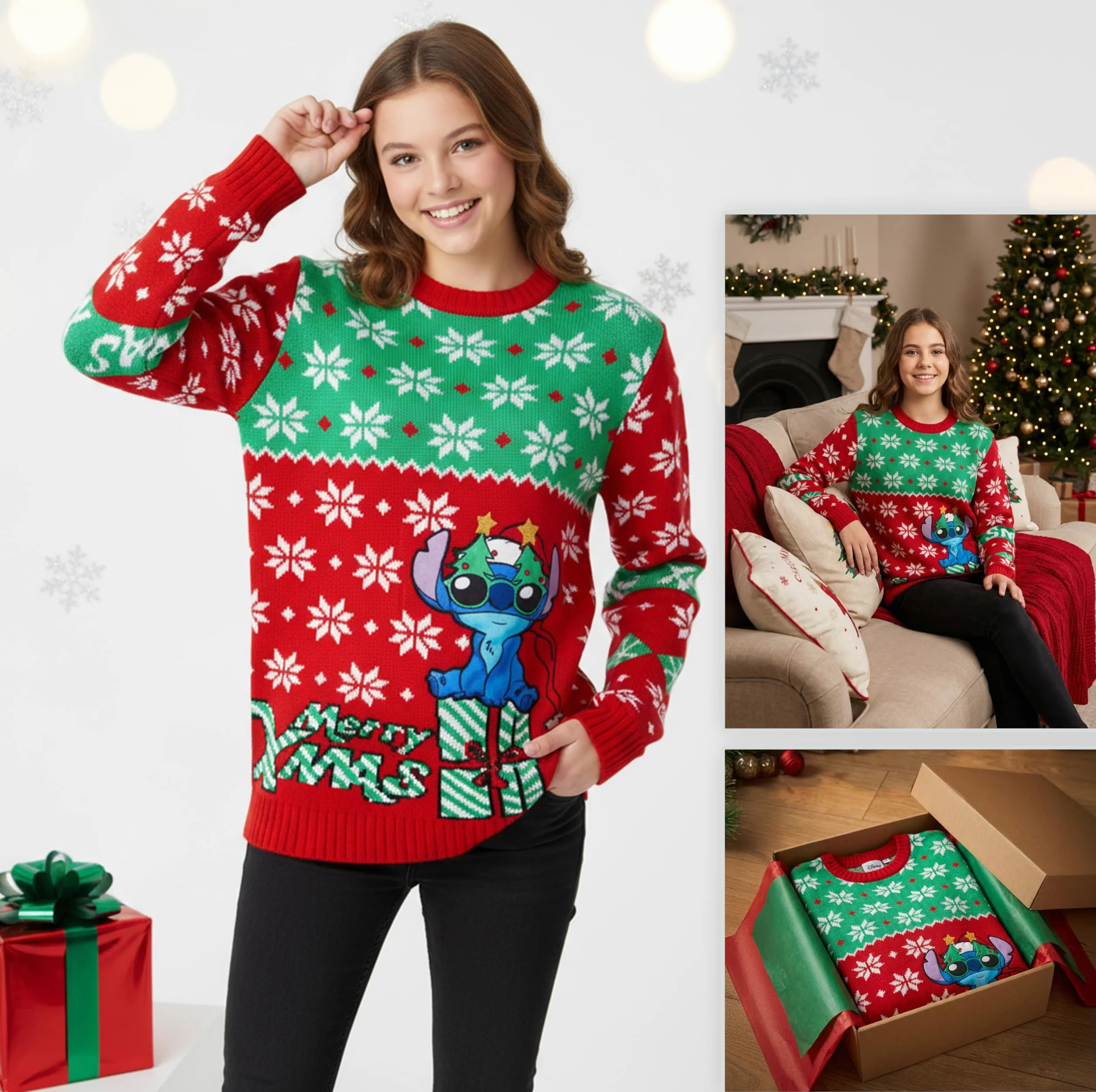 Disney Stitch Christmas Jumper Kids Świąteczny Sweter dla Dzieci Oficjalne Prezenty Lilo i Stitch dla Dziewczynek 7-14 Lat
