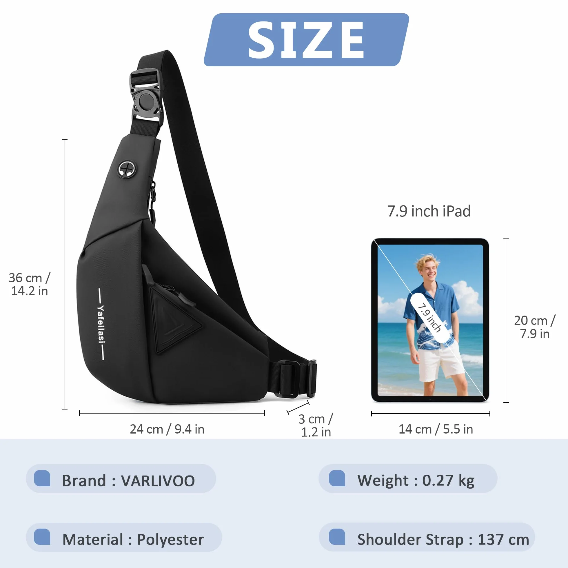 VARLIVOO Fashion męska Sling Bag Męska torba na klatkę piersiową Plecak Torby na ramię Torba na ramię Szkoła Podróże Piesze wycieczki Camping Kolarstwo Outdoor Sports Siłownia Wodoodporny poliester Plecak na ramię Czarny B