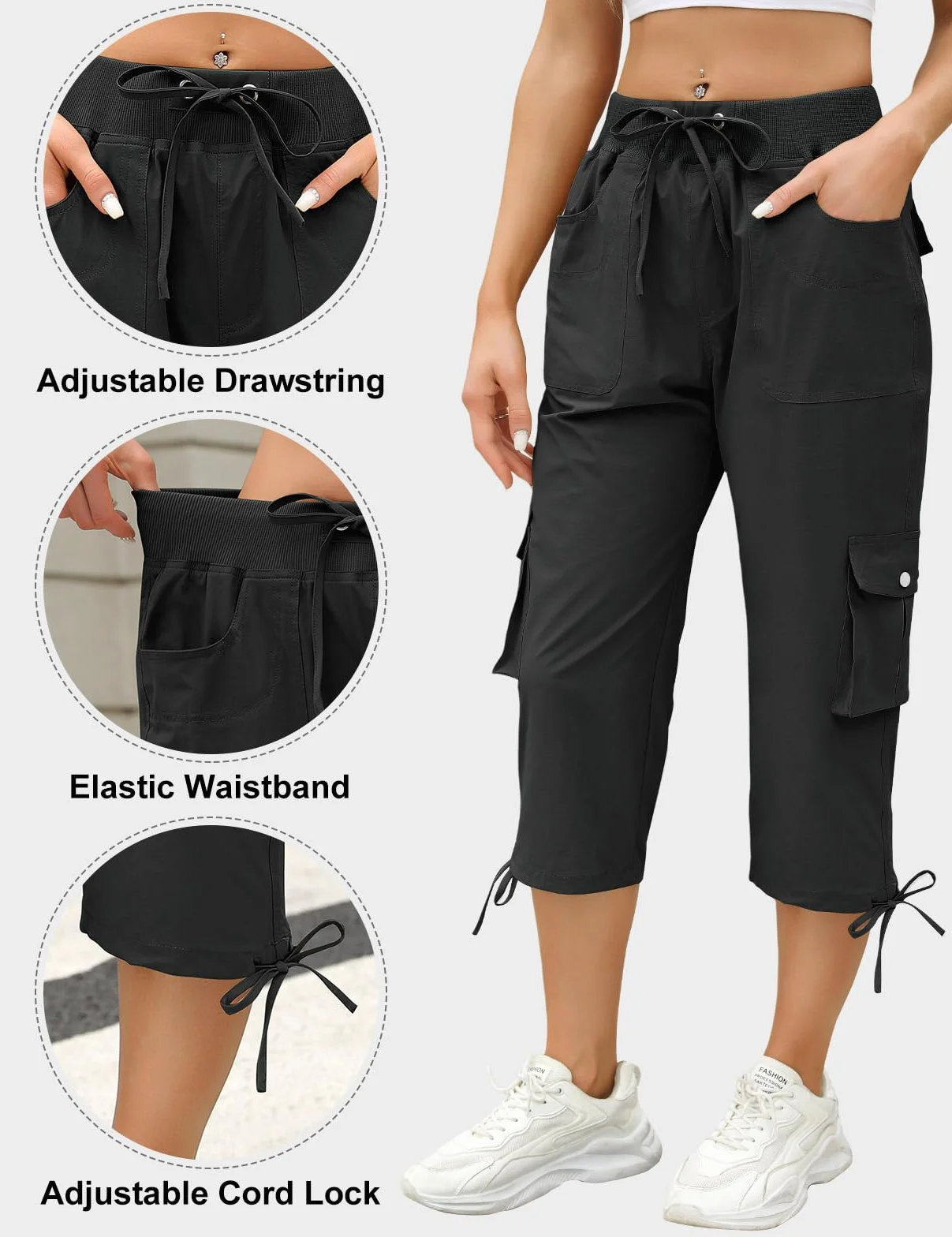 TOMEEK Spodnie dresowe damskie 3/4 Capri letnie spodnie na co dzień luźne spodnie sportowe damskie z kieszeniami i sznurkiem elastyczna talia joga jogging fitness