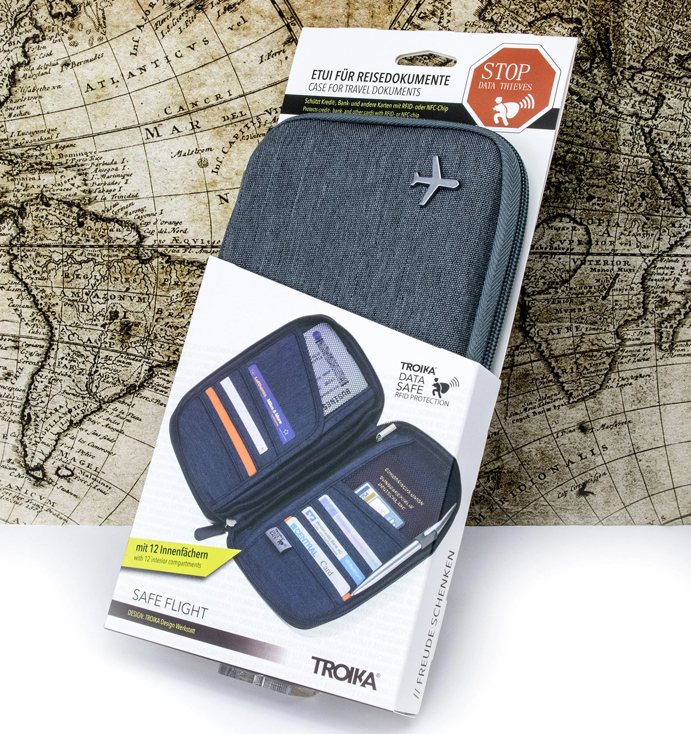 TROIKA SAFE FLIGHT - TRV20/GY - etui na dokumenty podróży - z folią chroniącą przed odczytem (do chipów RFID) - zamek błyskawiczny - 12 wewnętrznych kieszeni - szlufka na długopis - poliester - szary/pomarańczowy - oryginał TROIKA