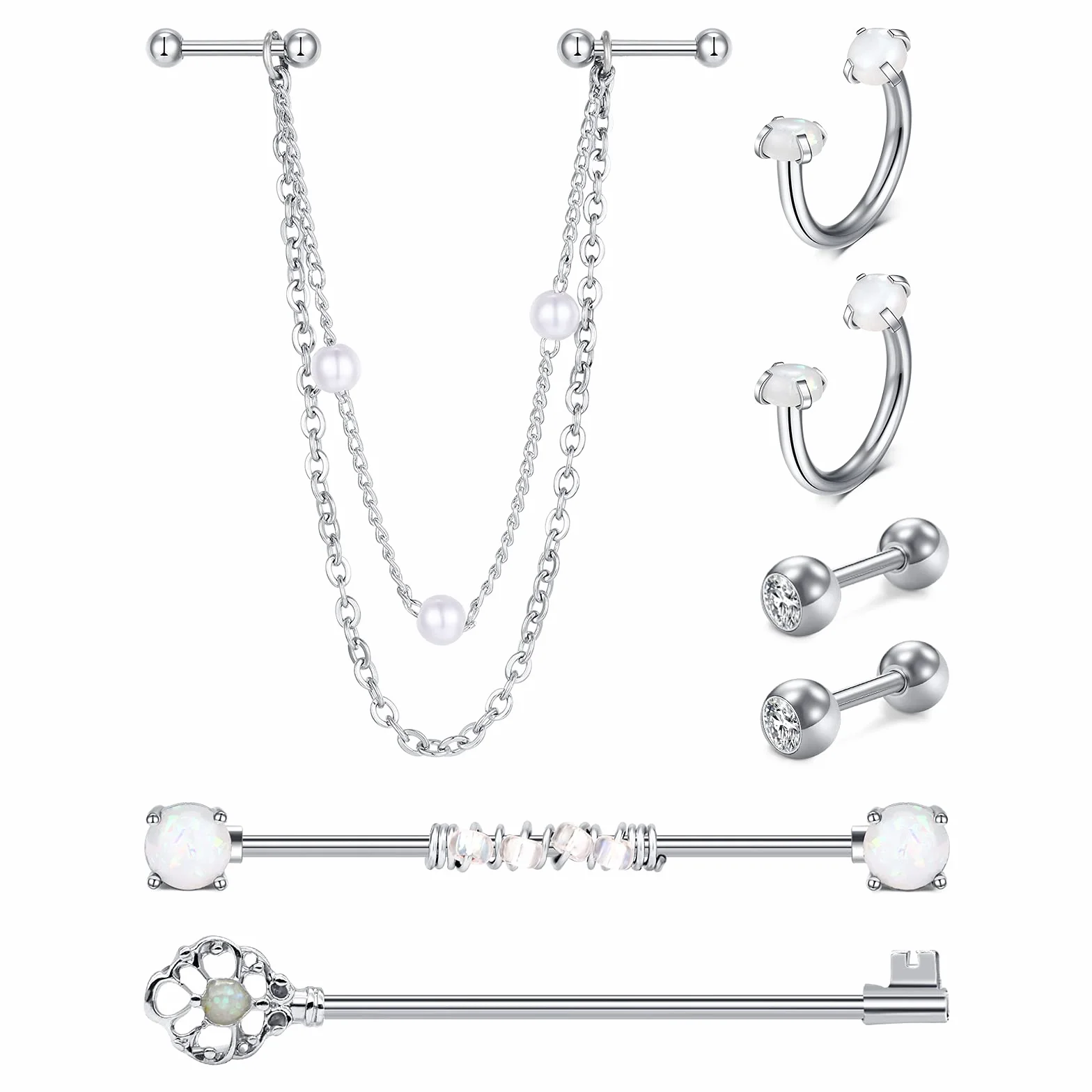 D.Bella Industrialny zestaw do piercingu, łańcuszek ze stali chirurgicznej, piercing do chrząstki, 14 g, 1,6 mm, srebrny, 38 mm