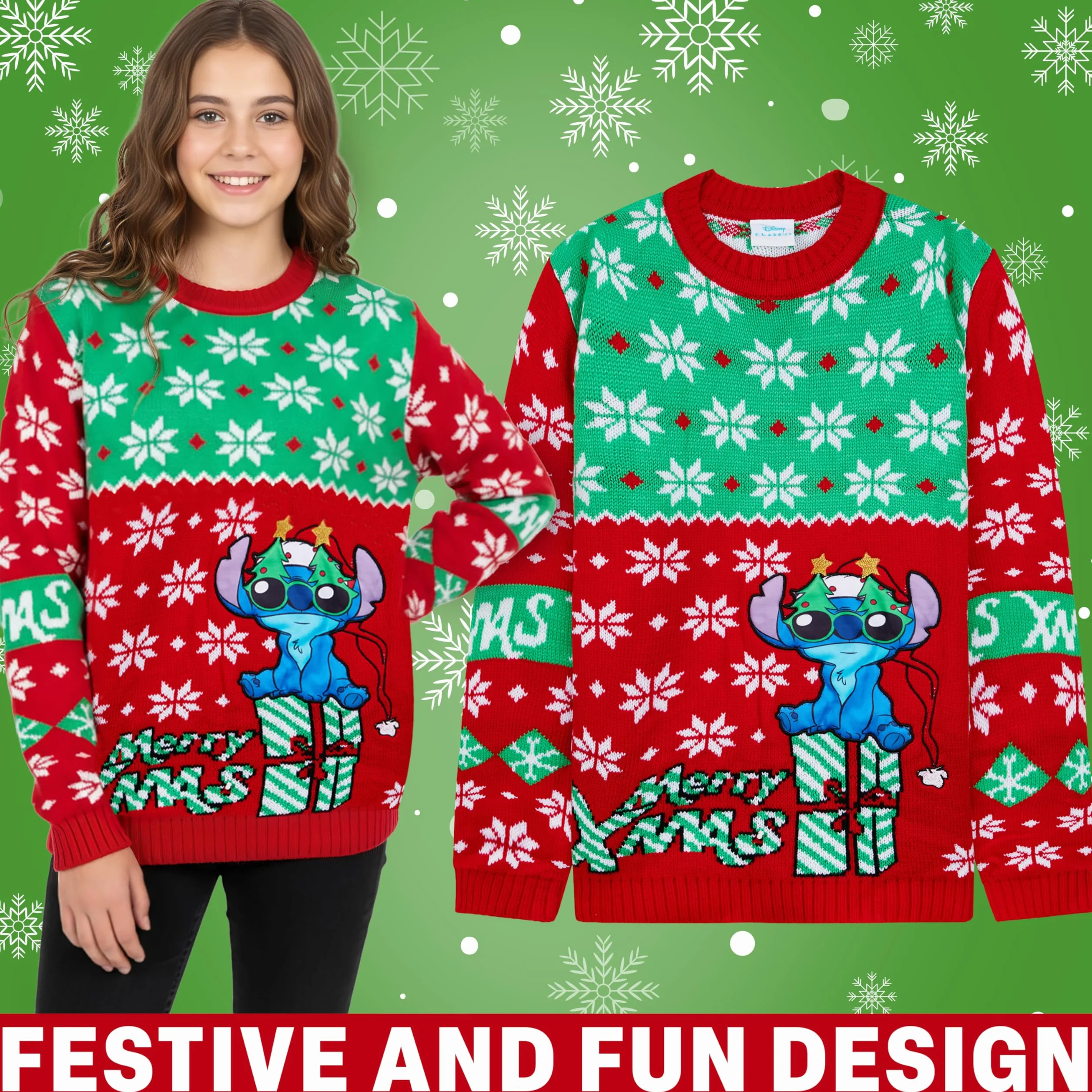 Disney Stitch Christmas Jumper Kids Świąteczny Sweter dla Dzieci Oficjalne Prezenty Lilo i Stitch dla Dziewczynek 7-14 Lat