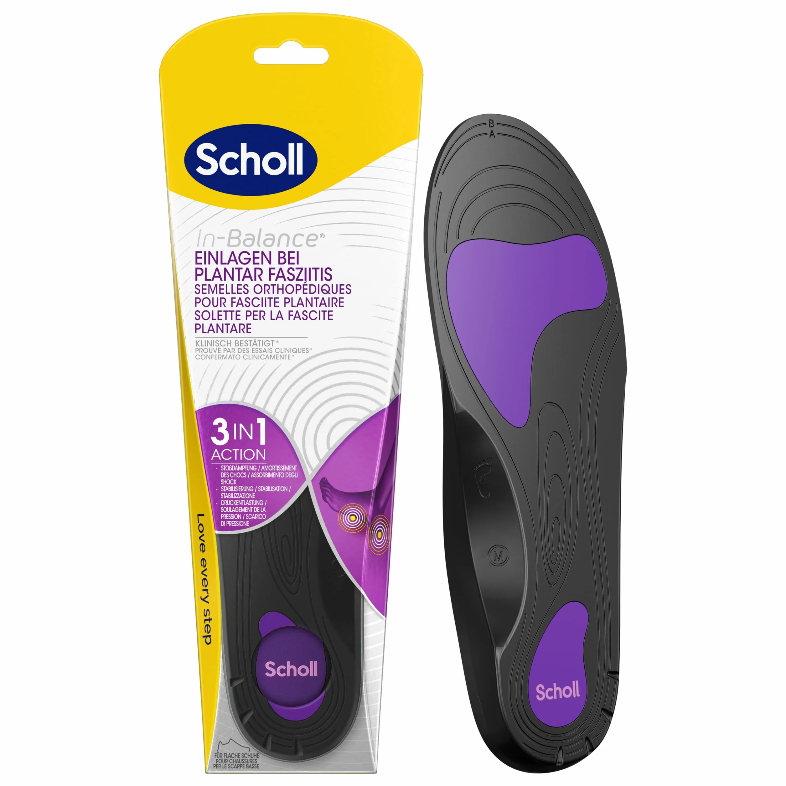 Scholl In-Balance wkładki ortopedyczne w przypadku zapalenia powięzi podeszwowej, natychmiast łagodzi ból: pięty, ostrogi, wsparcie łuku, rozkłada nacisk stopy, rozmiar 42,5-45
