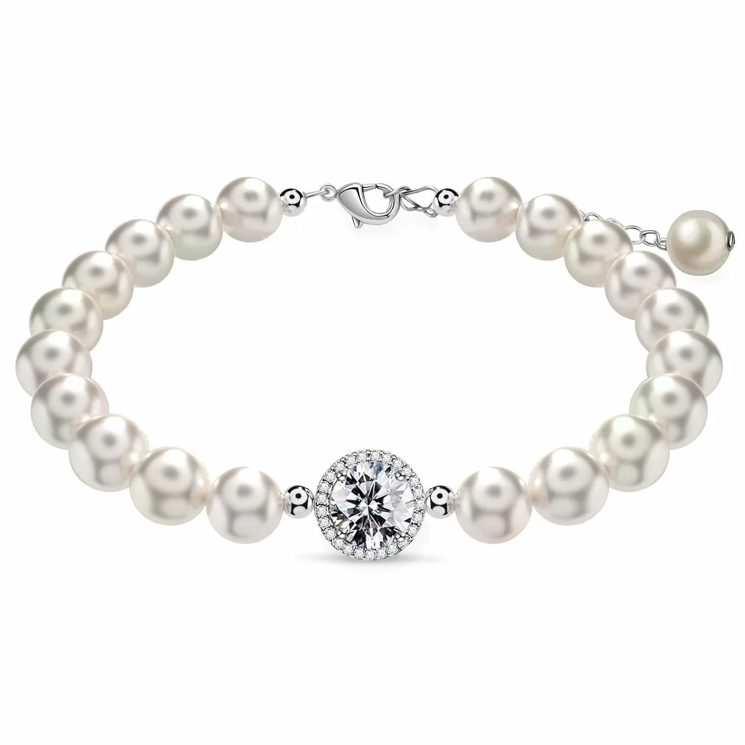Moissanite pearl bracelet with 2CT lab-grown moissanite diamonds, 18K gold plated, adjustable freshwater pearl bracelet.